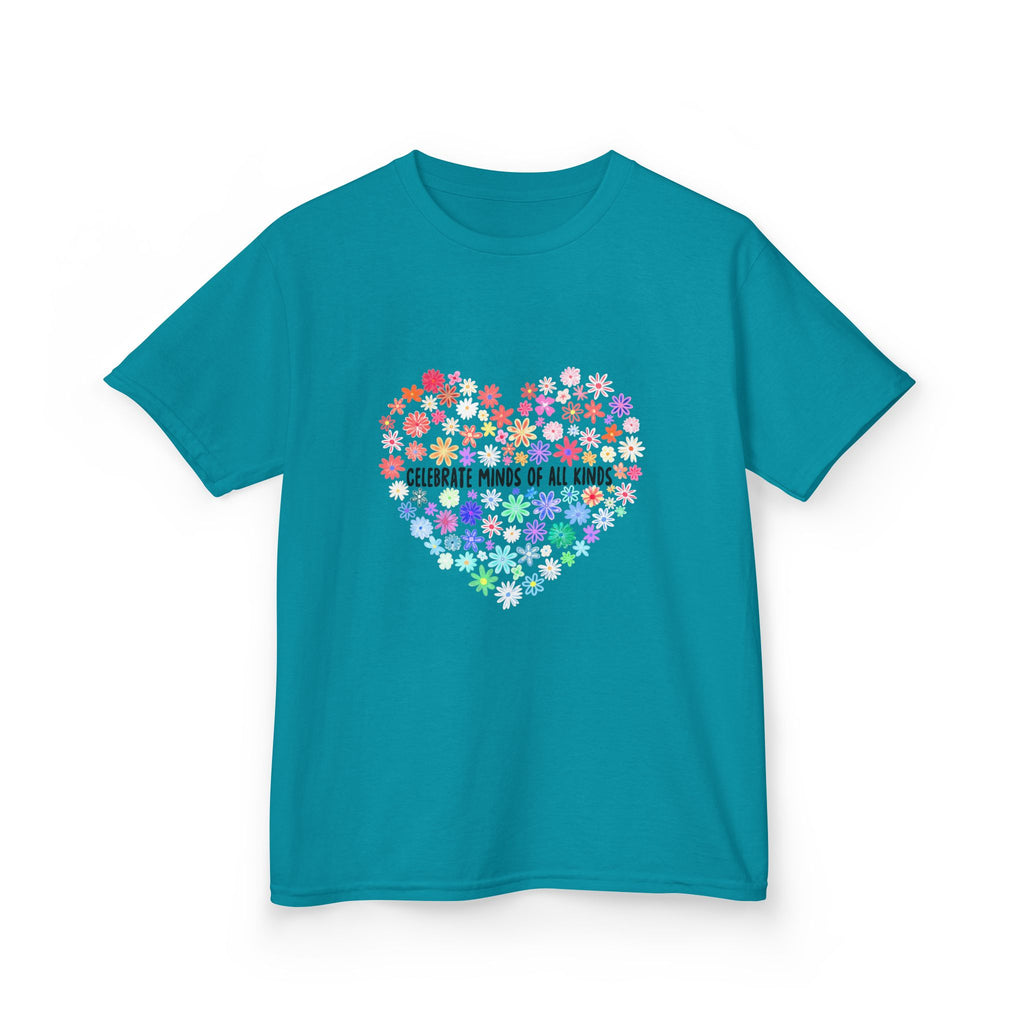 Kids T-Shirt — "Celebrate Minds of All Kinds" Rainbow Flower Heart