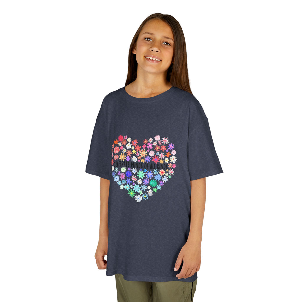 Kids T-Shirt — "Celebrate Minds of All Kinds" Rainbow Flower Heart