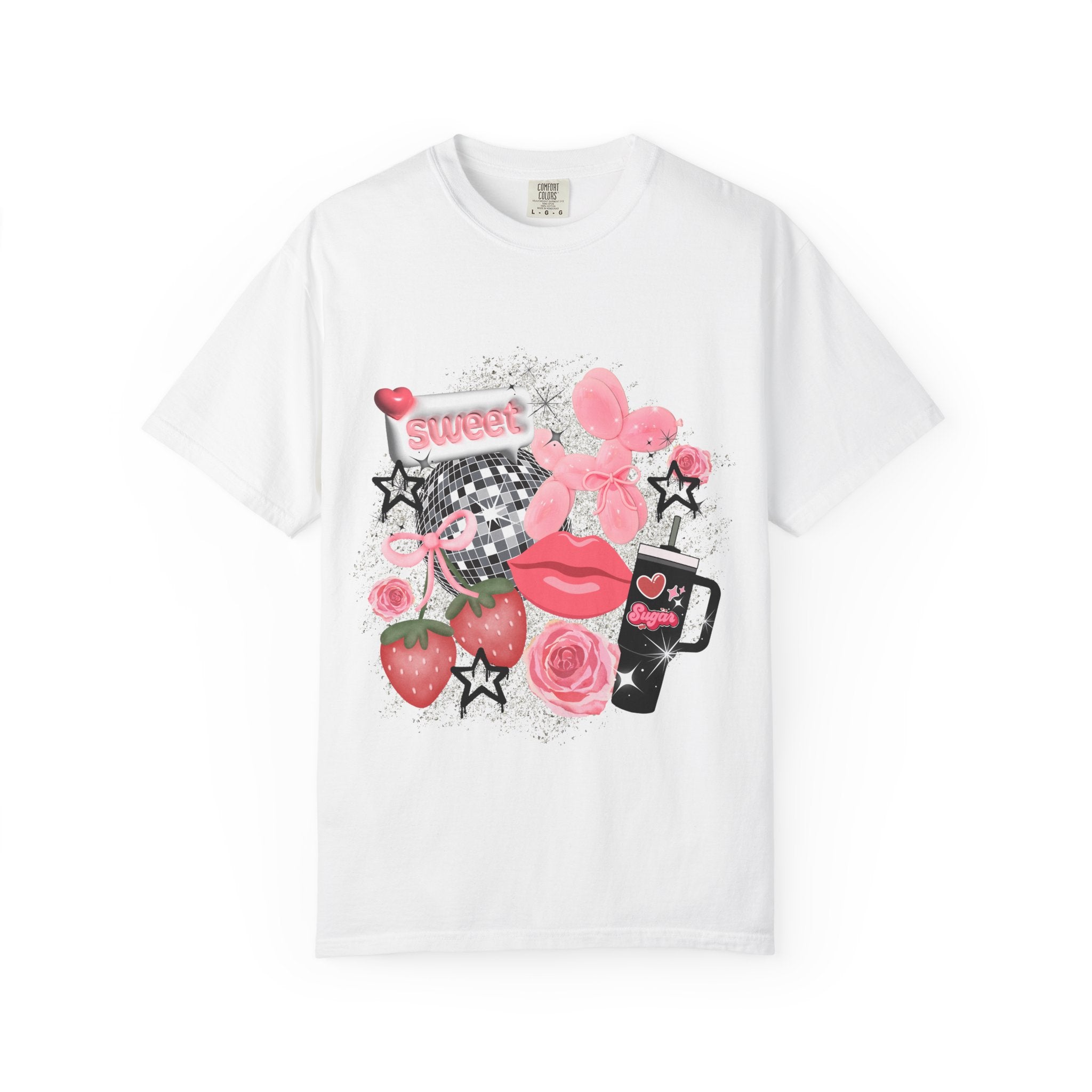 Sweet Kitsch Graphic T-Shirt — Pink Hearts, Lips & Strawberry Design