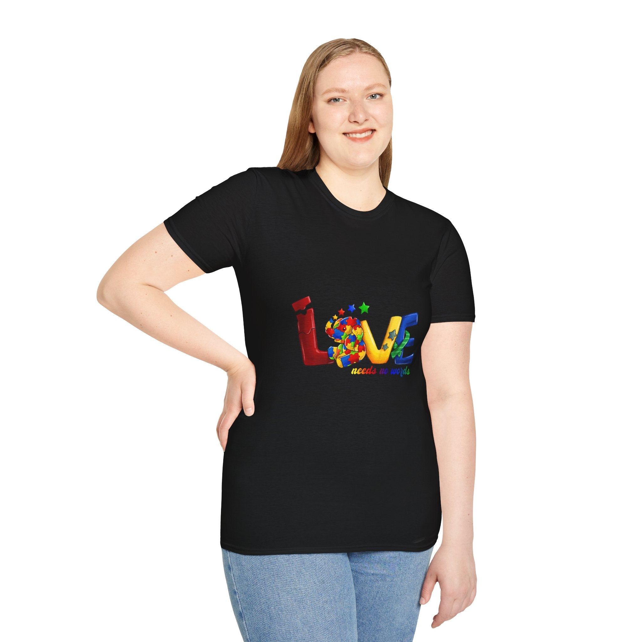 LOVE Needs No Words T‑Shirt — Colorful Puzzle Heart Autism Awareness Tee
