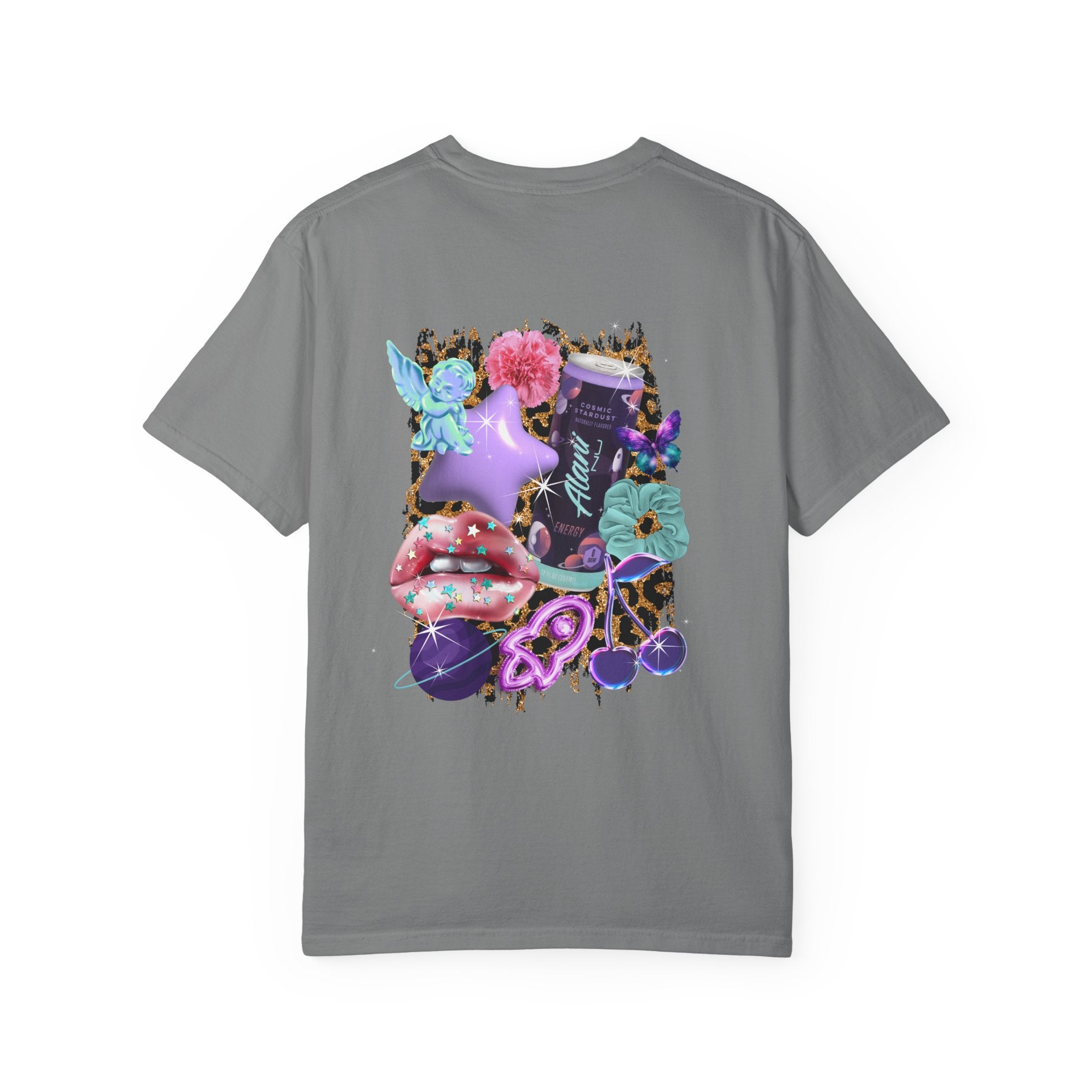 Graphic T-Shirt — 'Alani Nu' Collage Back Print, Retro Floral & Lip Art Tee