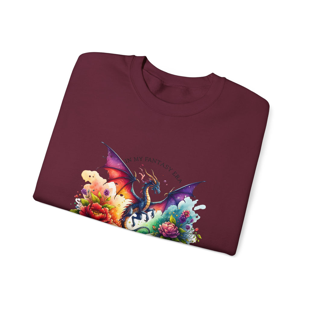 Crewneck Sweatshirt — Fantasy Dragon Emerging From Open Book with Flowers