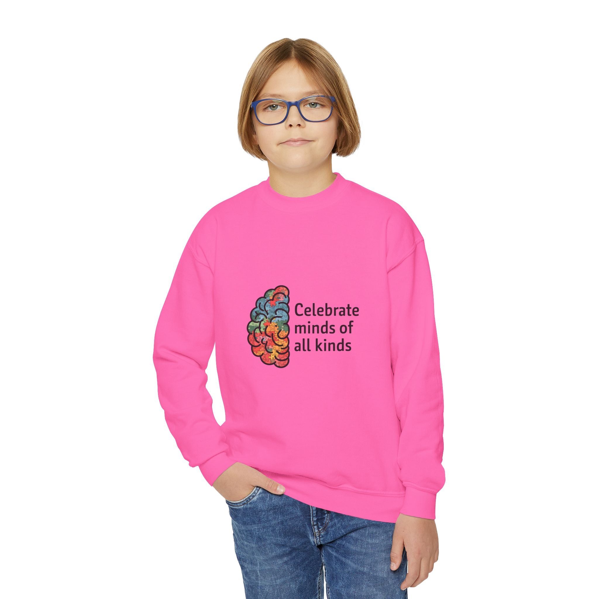 Celebrate Minds Youth Crewneck Sweatshirt — Colorful Brain Design