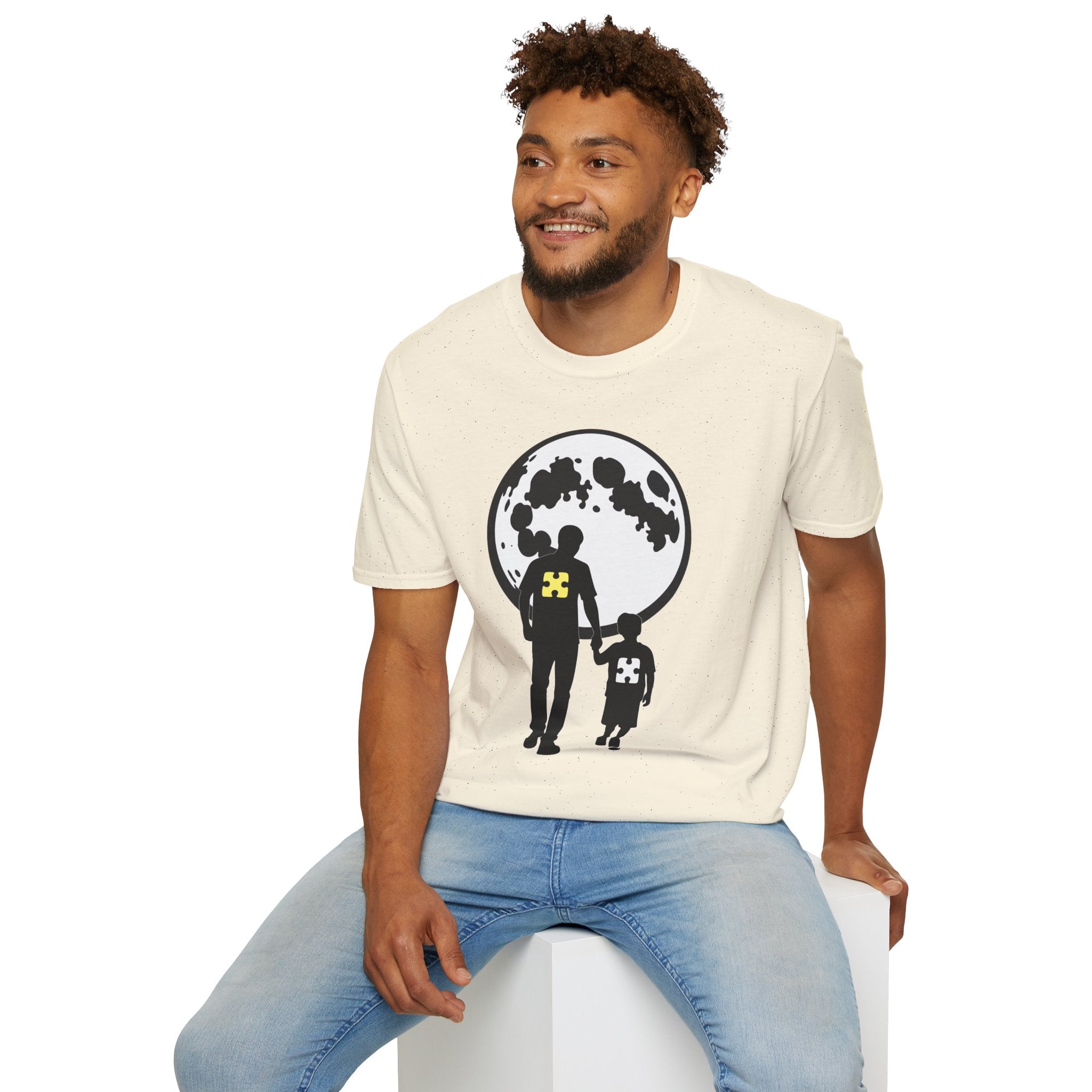 Moonwalk Father & Son T‑Shirt — Silhouette with Moon & Yellow Patch