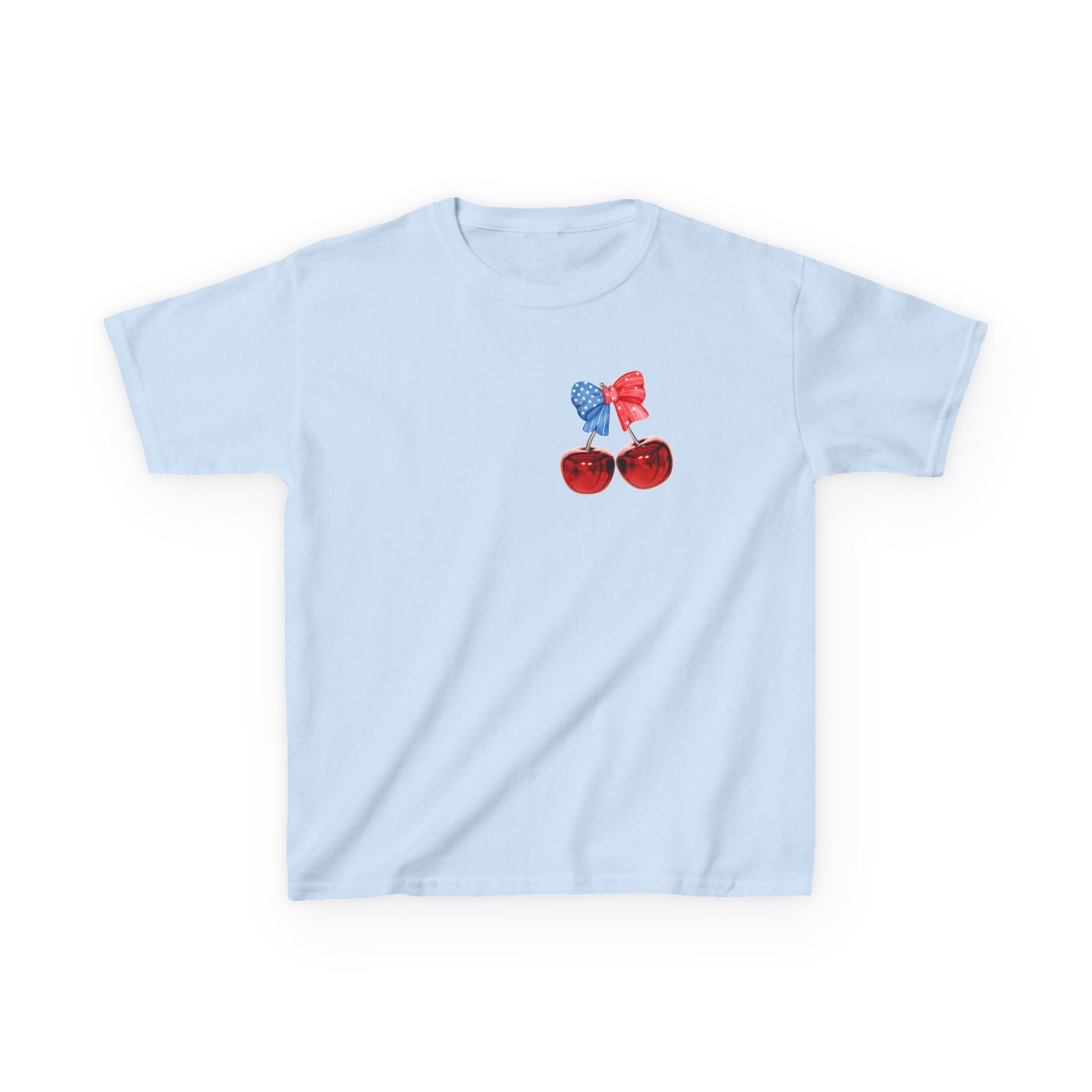 Kids Tee — Patriotic Cherry Graphic "All American Girl" — 4th of July Summer Shirt