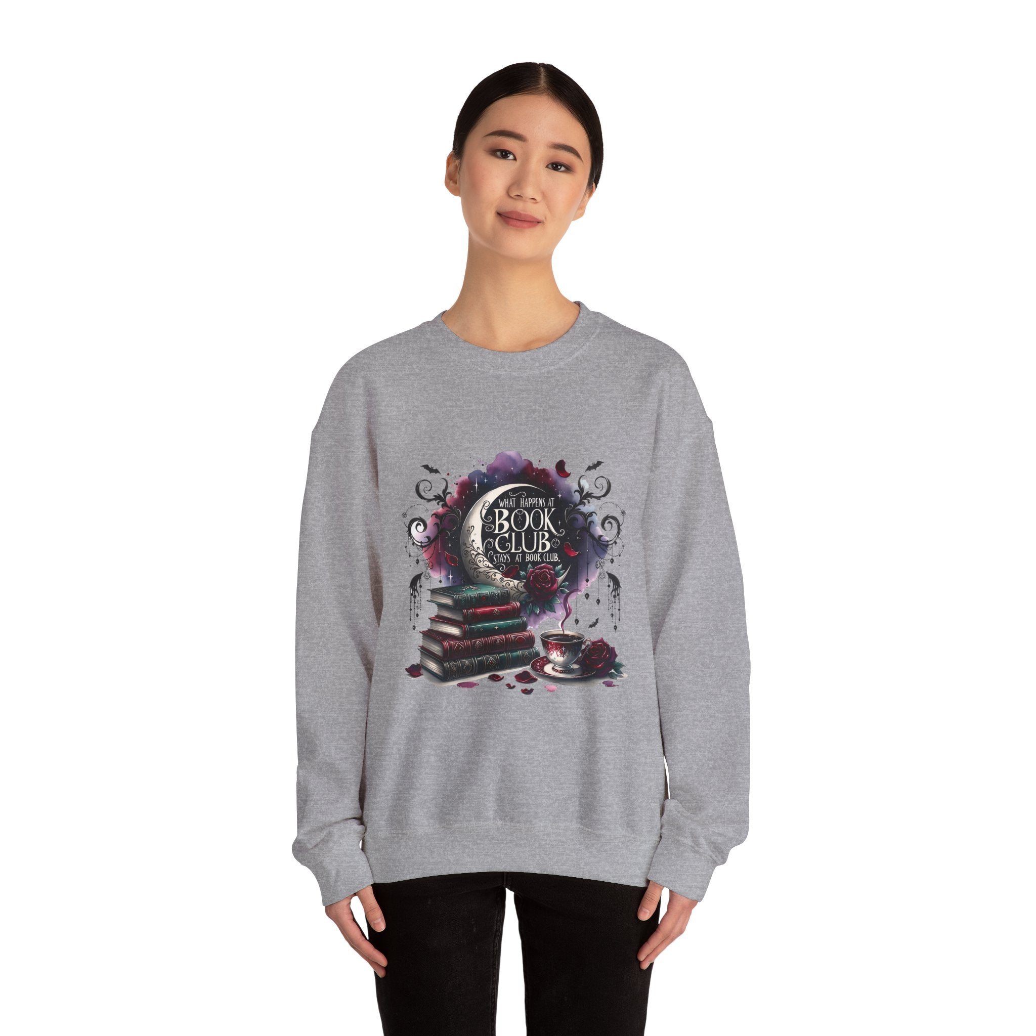 Book Club Crewneck Sweatshirt — Cozy Literary Stack & Tea Design