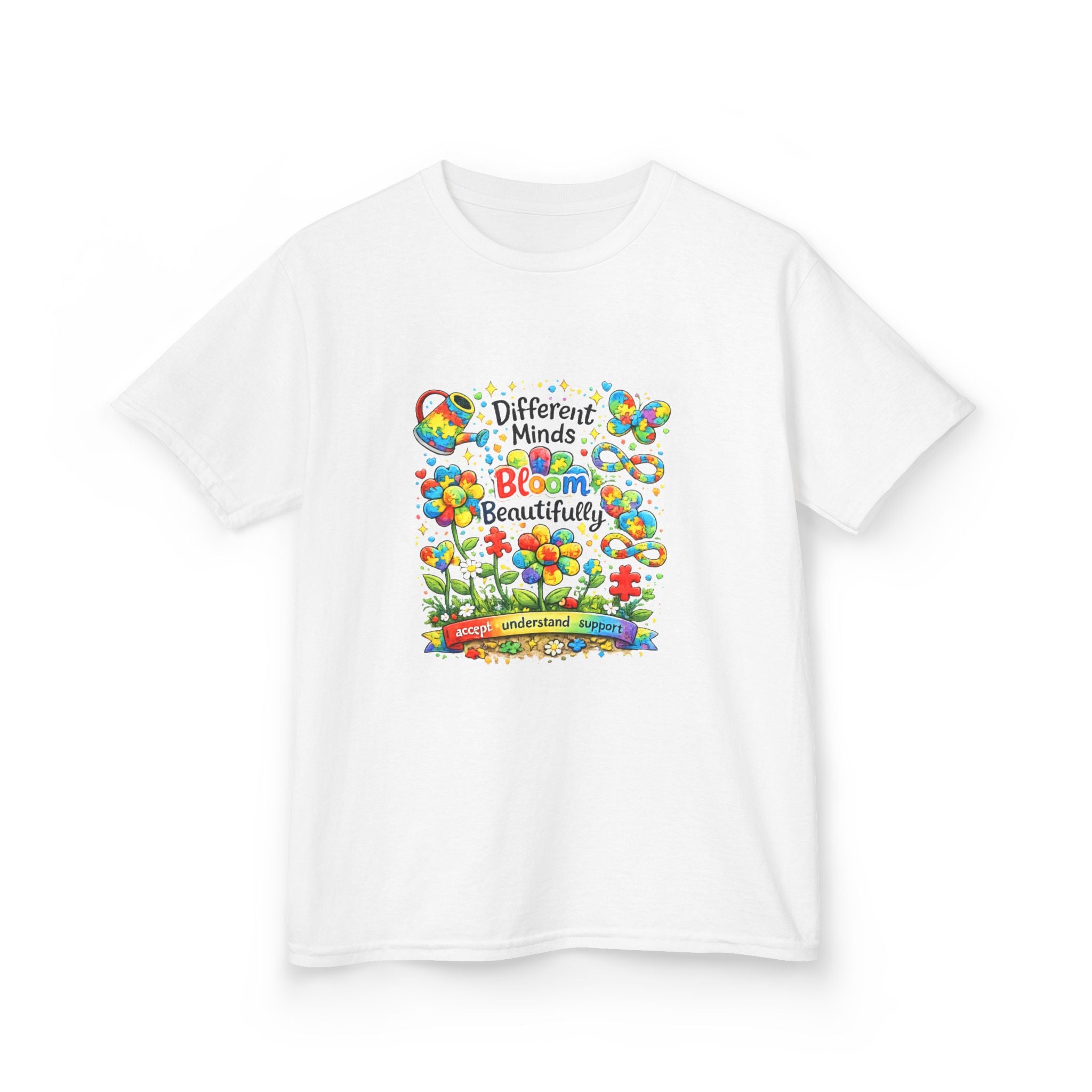 Kids Tee — "Different Minds Bloom Beautifully" Rainbow Flower Autism Awareness Shirt