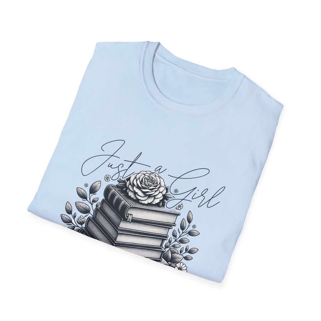 Book Lover T-Shirt — "Just a Girl Who Loves Books" Floral Stack Design
