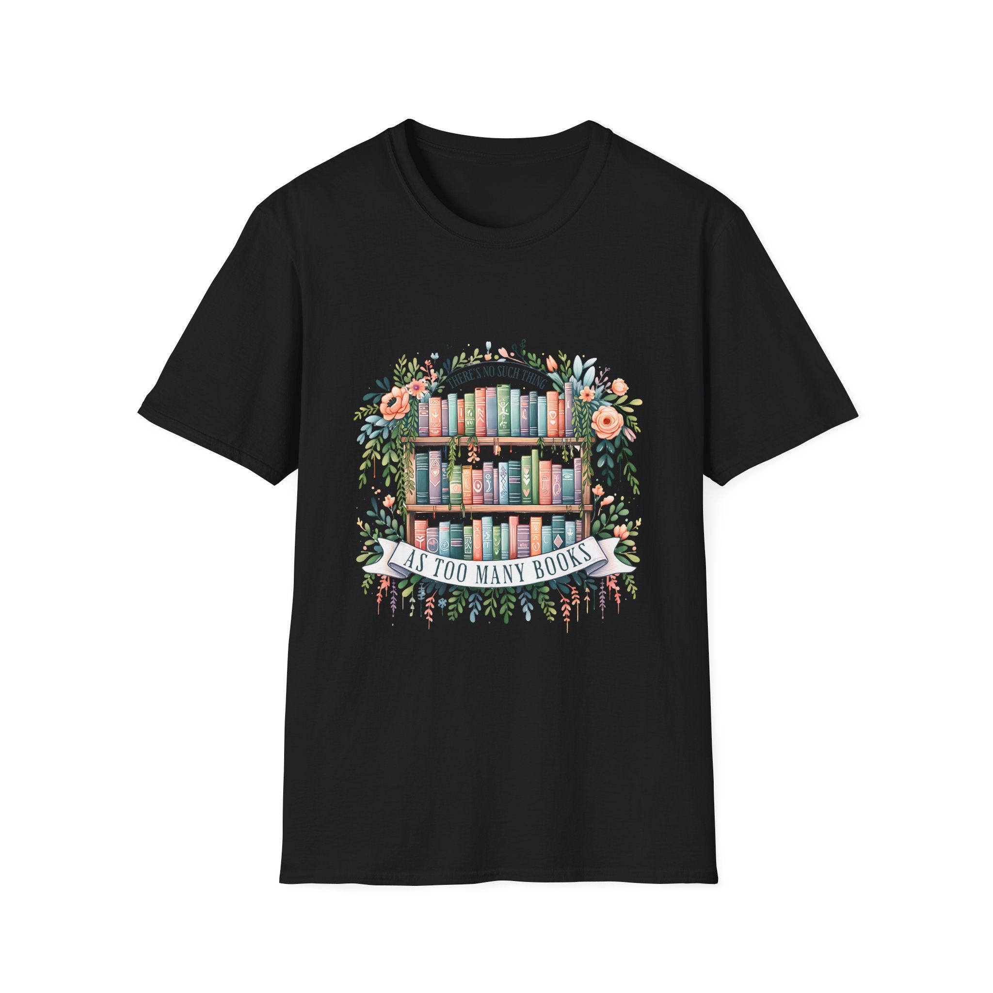 Booklover T-Shirt — Floral Bookshelf "Too Many Books" Graphic Tee