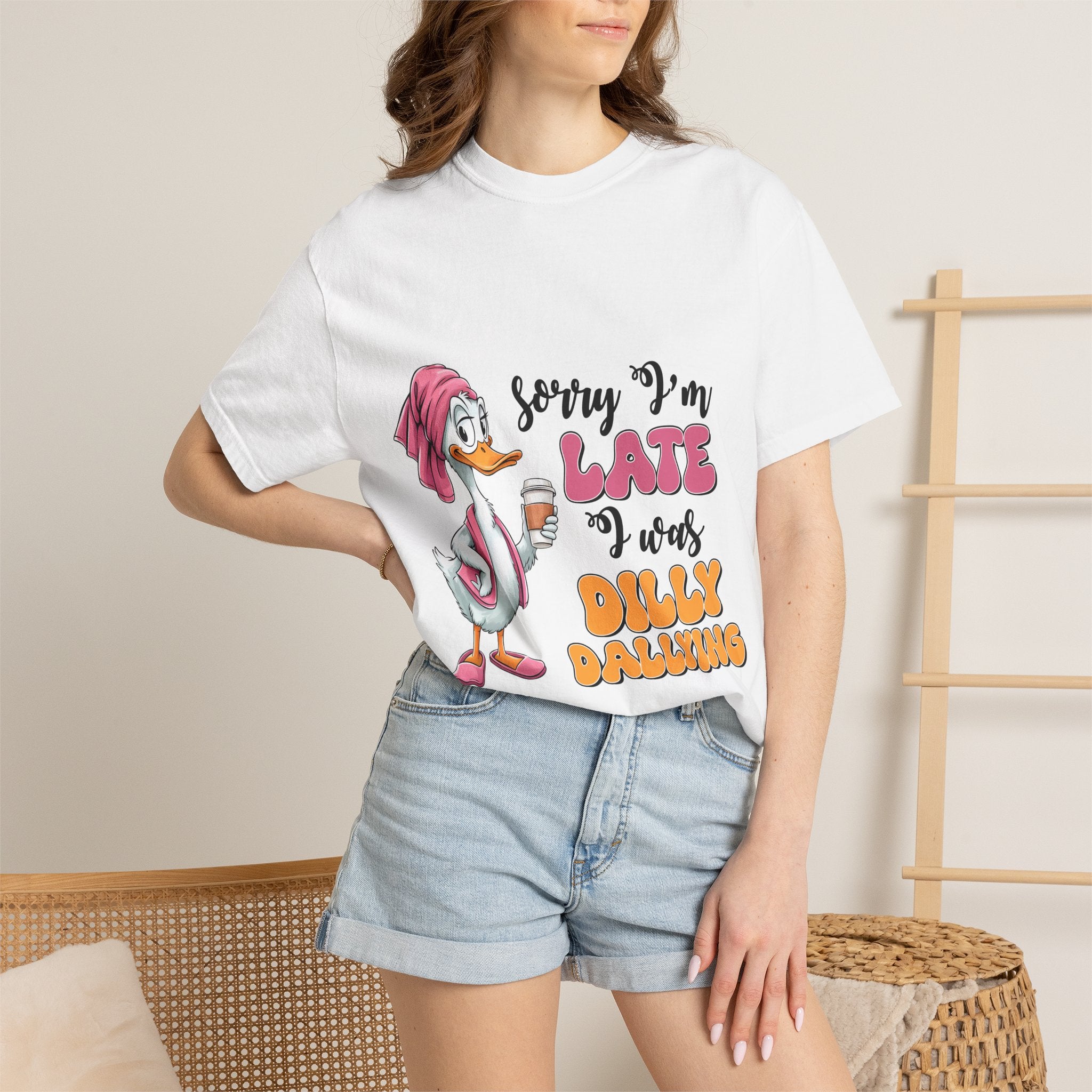 Funny Duck T-Shirt — "Sorry I'm Late I Was Dilly Dallying" Cartoon Tee