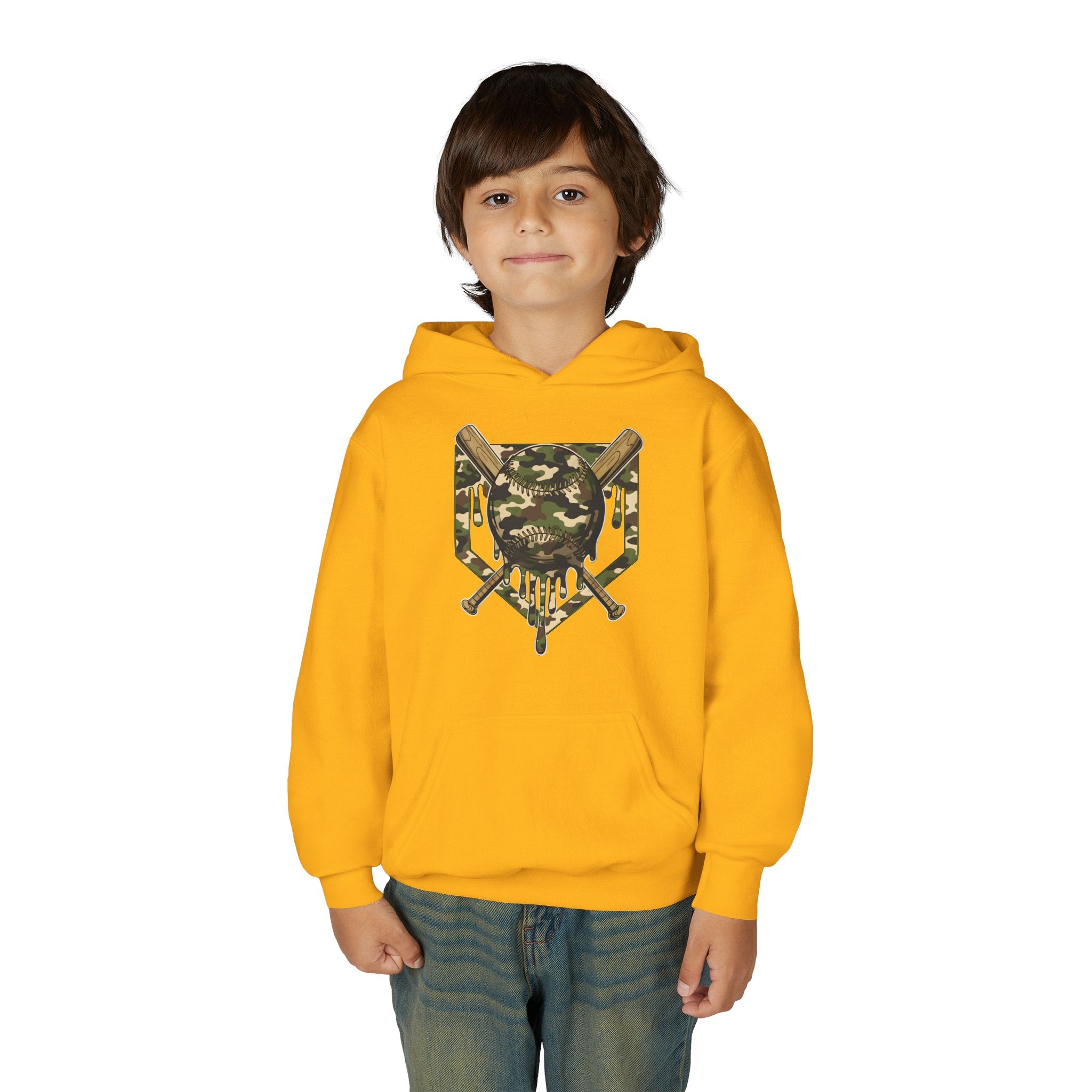 Youth Camo Baseball Crest Hoodie – Camouflage Bat & Home Plate Graphic