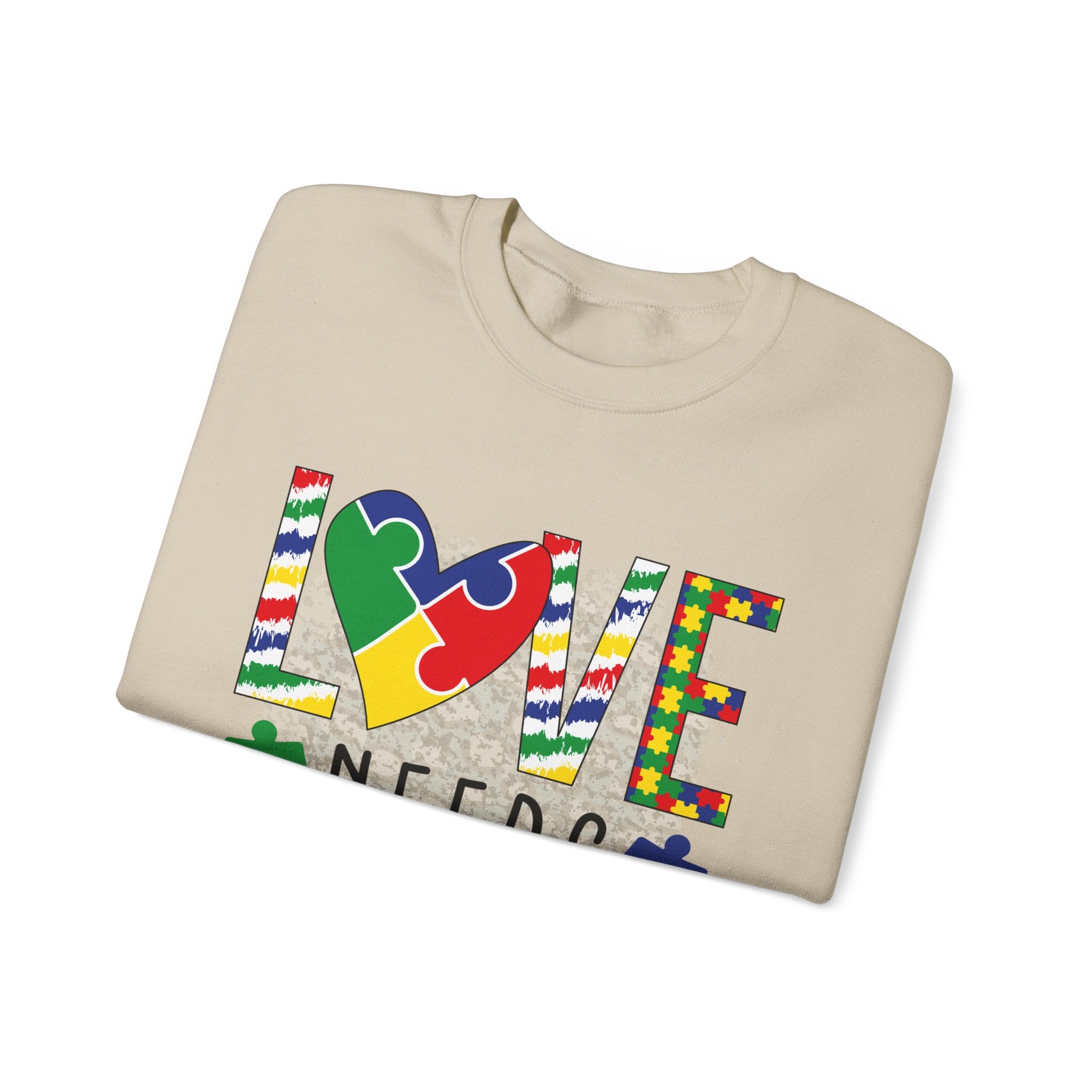 Autism Awareness Crewneck Sweatshirt — "Love Needs No Words" Puzzle Heart Design
