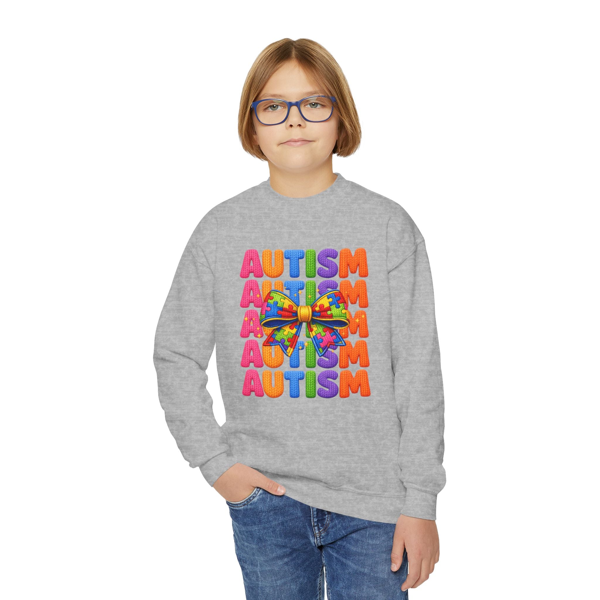 Youth Autism Awareness Crewneck Sweatshirt – Colorful Puzzle Ribbon Design
