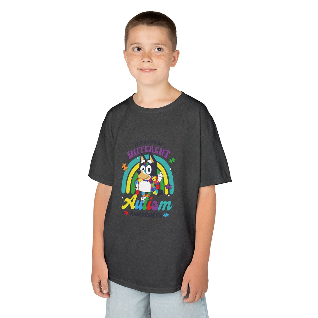 Kids Tee — "It's OK to Be Different" Autism Awareness Rainbow Design
