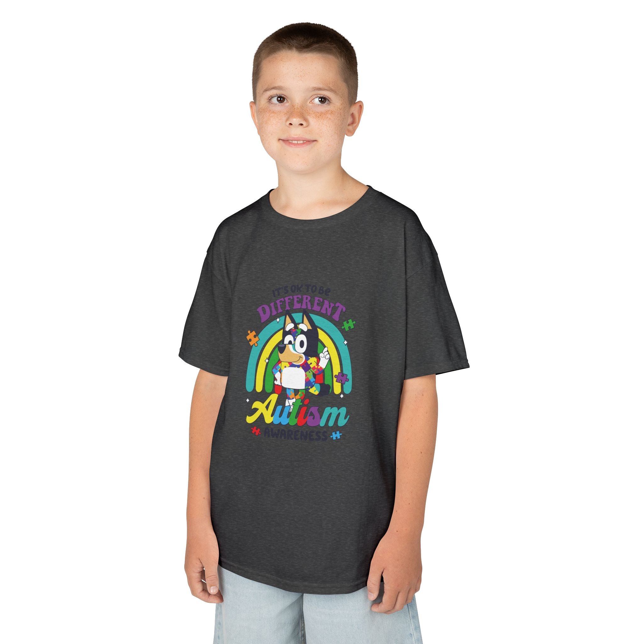 Kids Tee — "It's OK to Be Different" Autism Awareness Rainbow Design