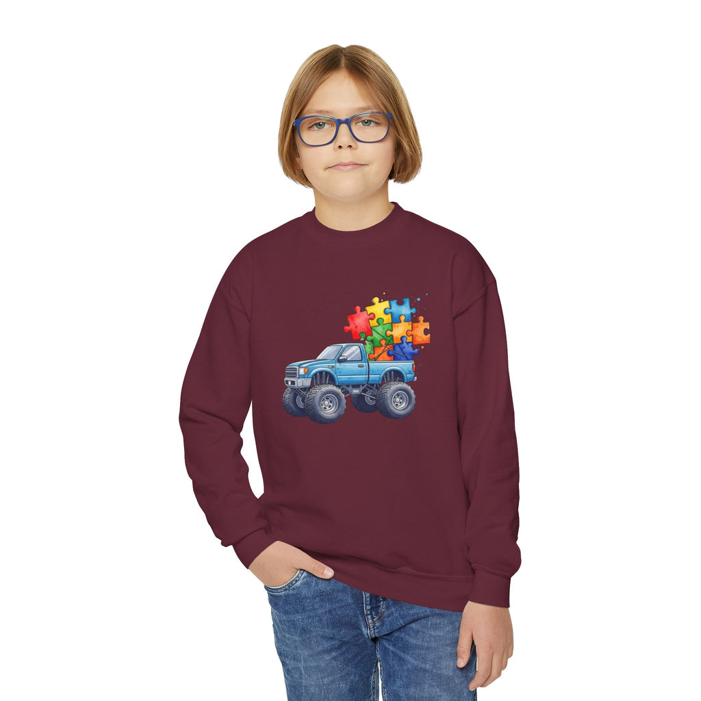 Kids Monster Truck Sweatshirt with Colorful Puzzle Pieces – Autism Awareness Crewneck