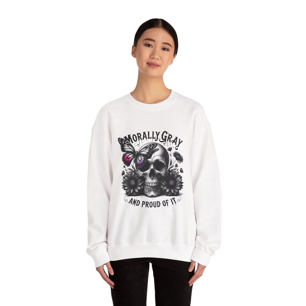 Morally Gray Skull Crewneck Sweatshirt – "Morally Gray and Proud of It" Gothic Butterfly Design