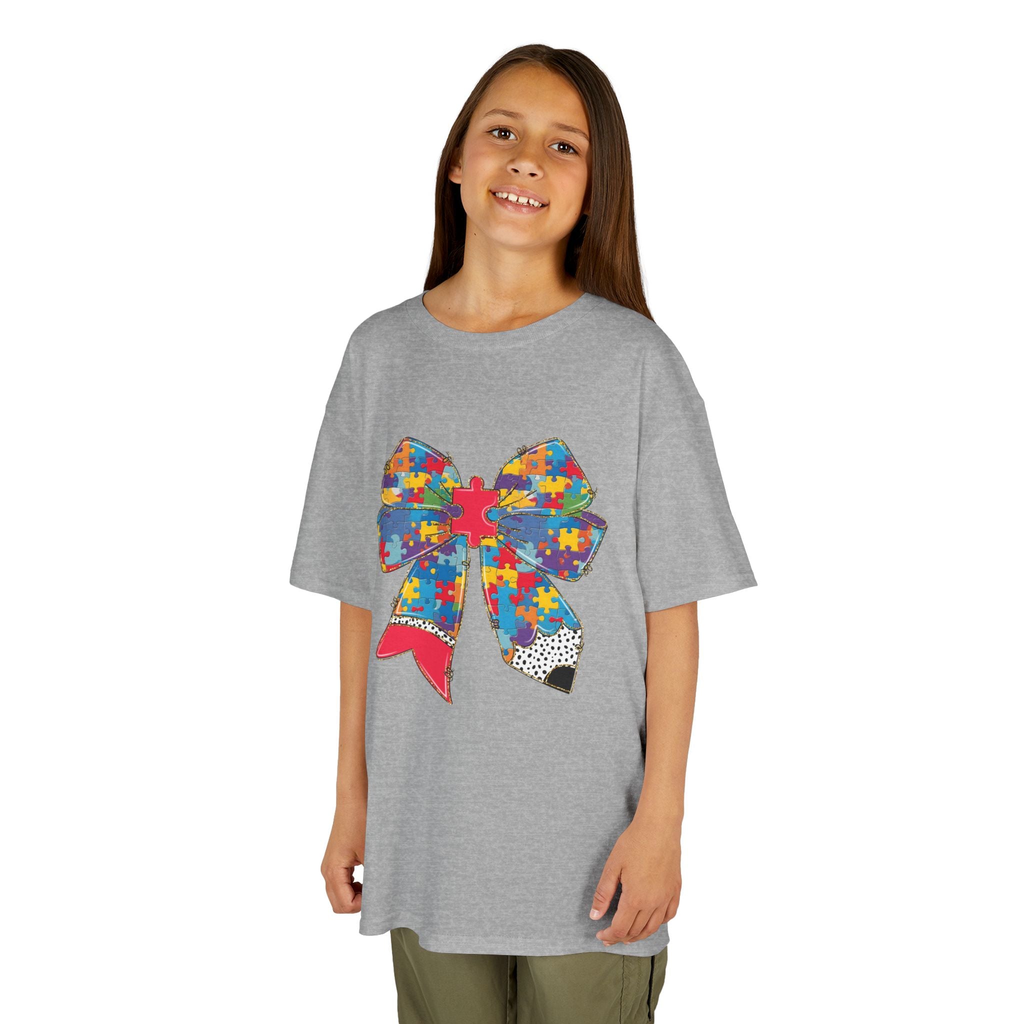Autism Awareness Puzzle Bow Kids T‑Shirt – Autism Acceptance Gift