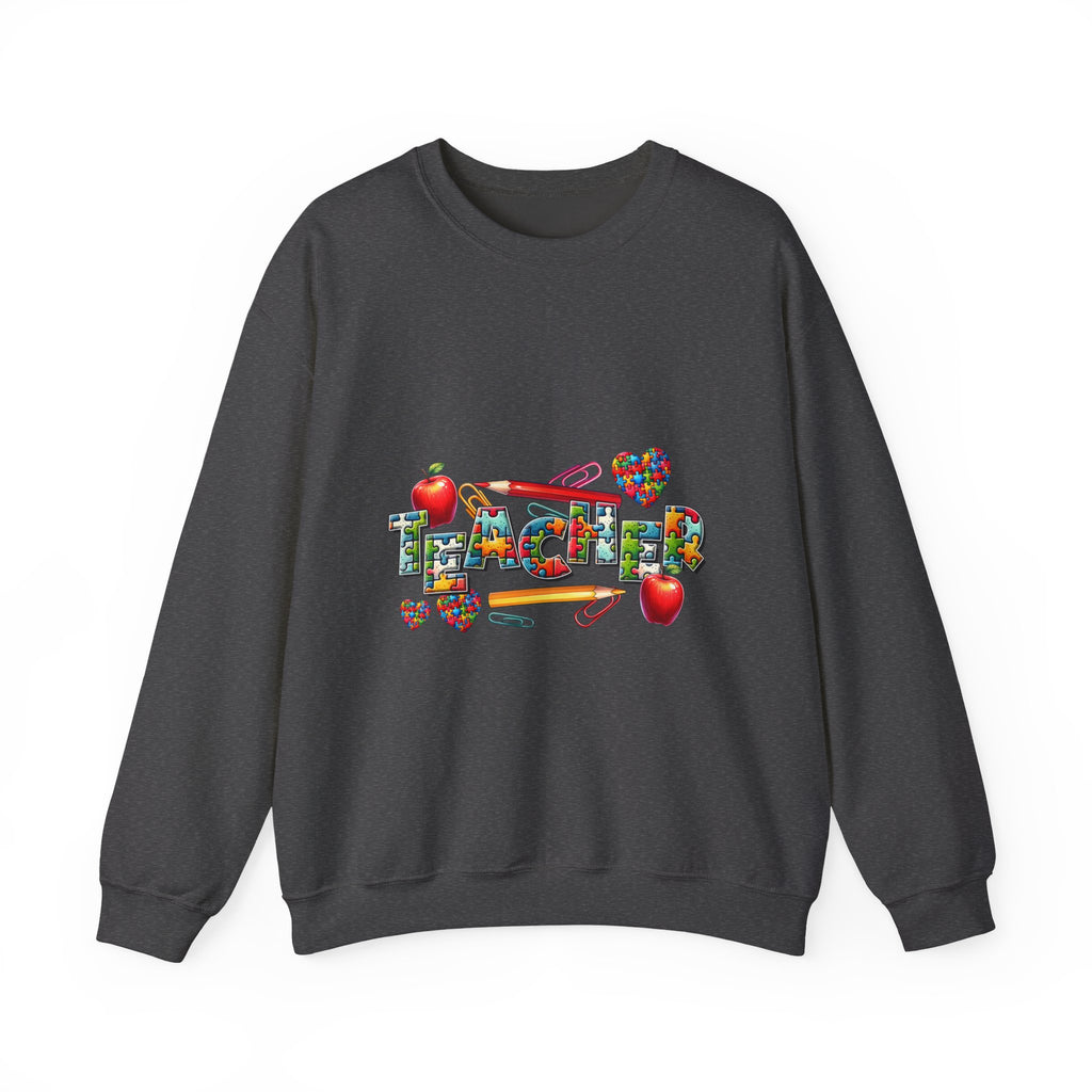 Teacher Crewneck Sweatshirt — Colorful Apple & School Supply Design