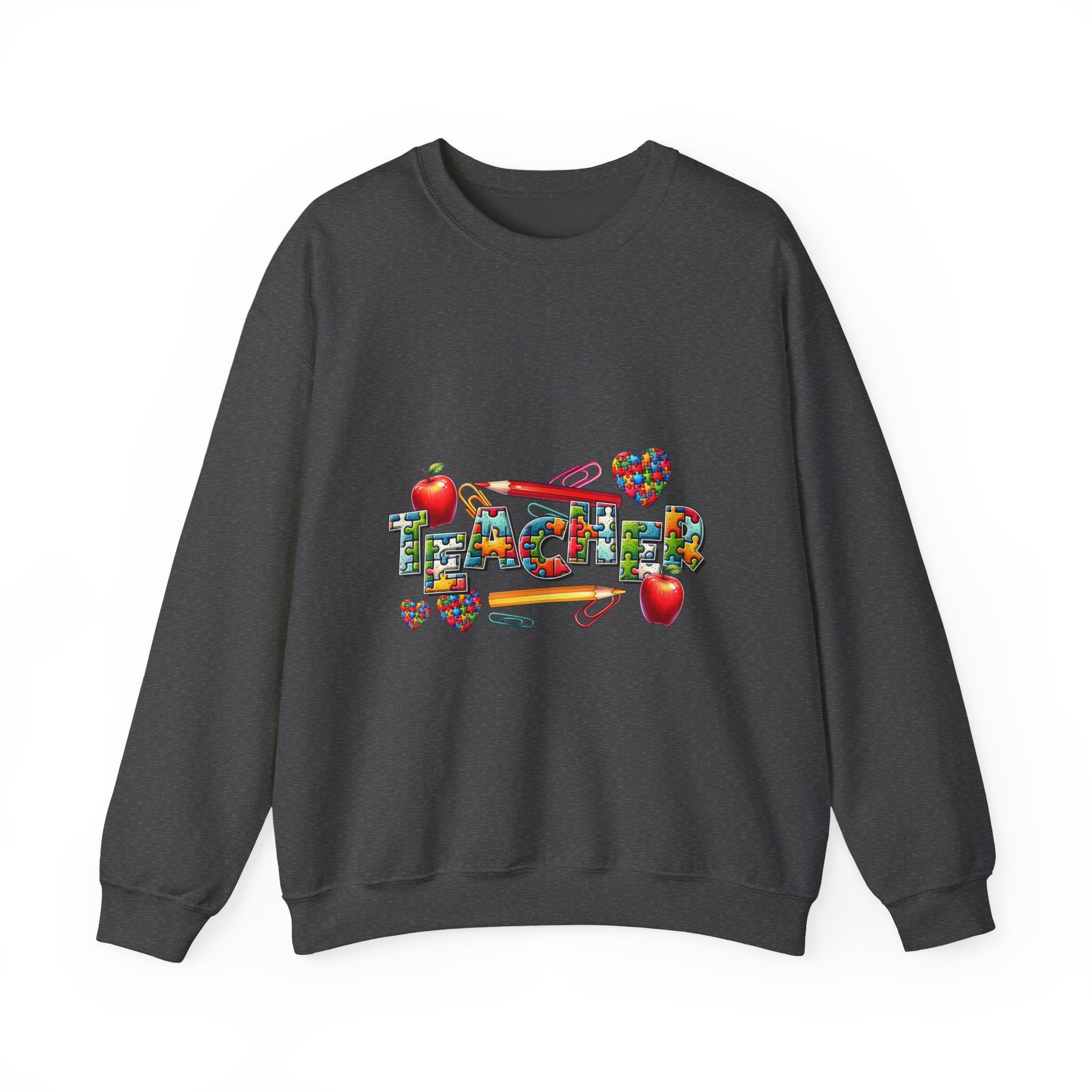 Teacher Crewneck Sweatshirt — Colorful Apple & School Supply Design