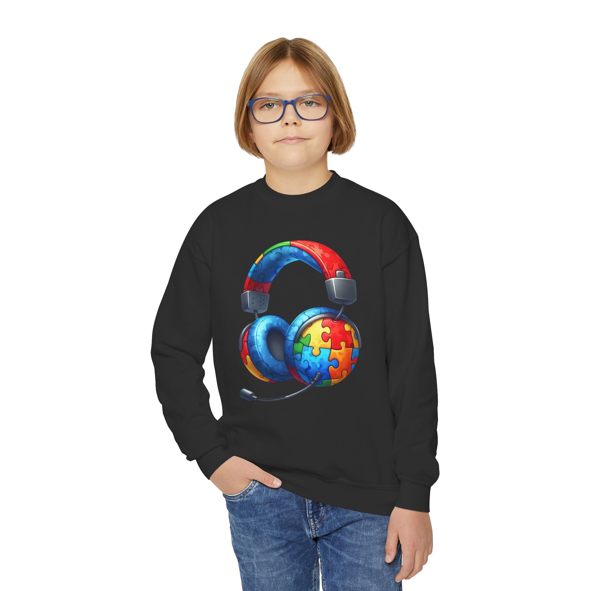 Youth Crewneck Sweatshirt — Colorful Headphones with Puzzle Heart Graphic (Autism Awareness)