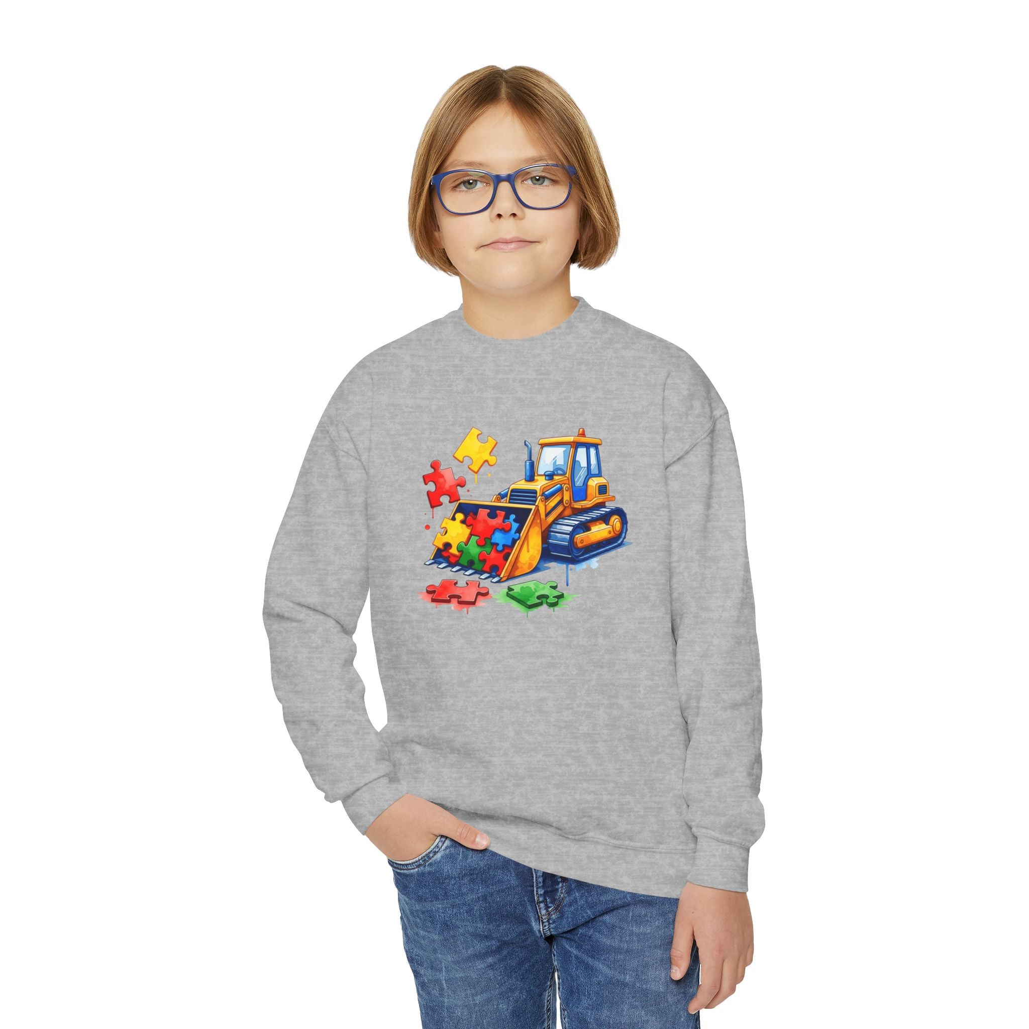 Kids Bulldozer Autism Puzzle Crewneck Sweatshirt