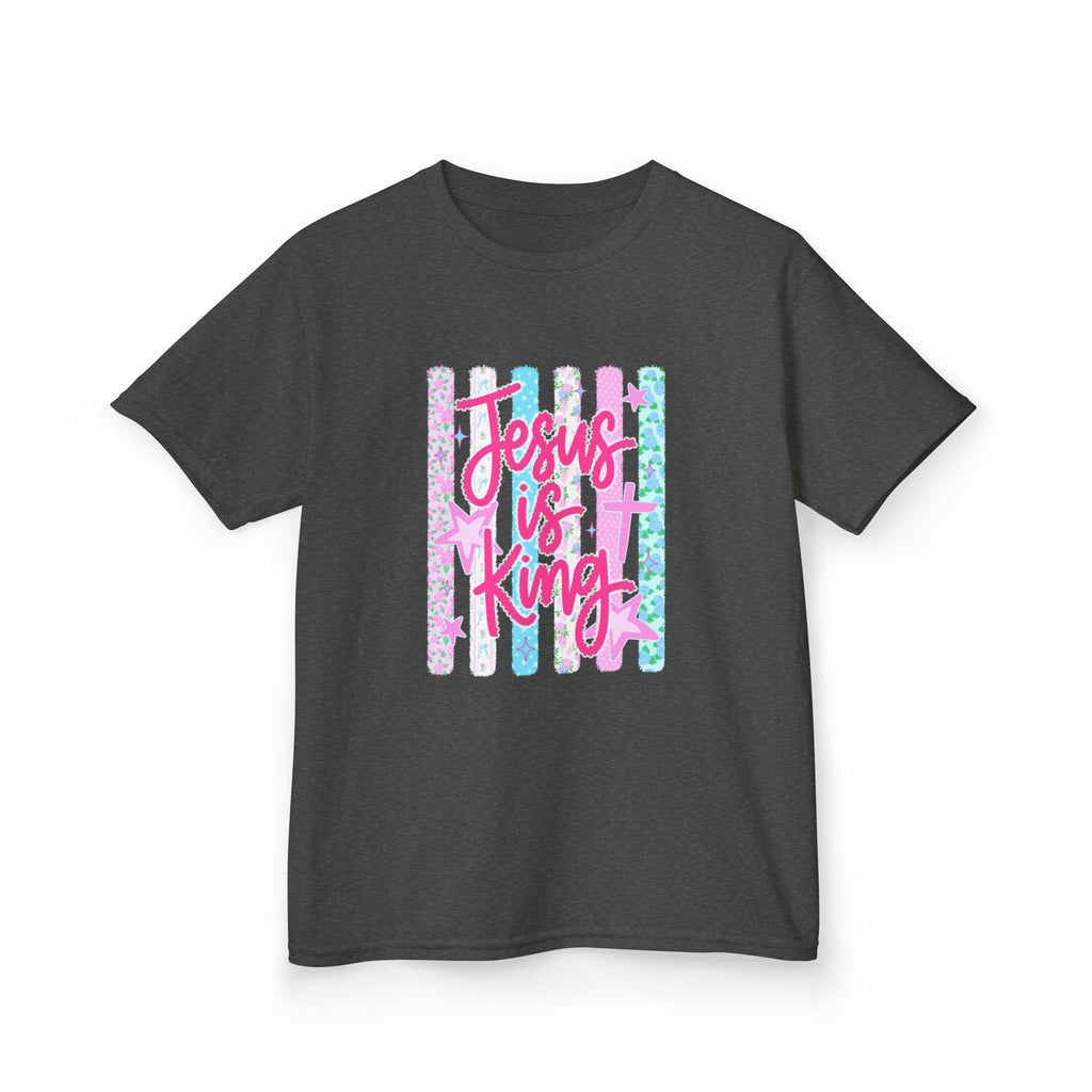 Kids Tee — "Jesus Is King" Pastel Striped Christian T‑Shirt