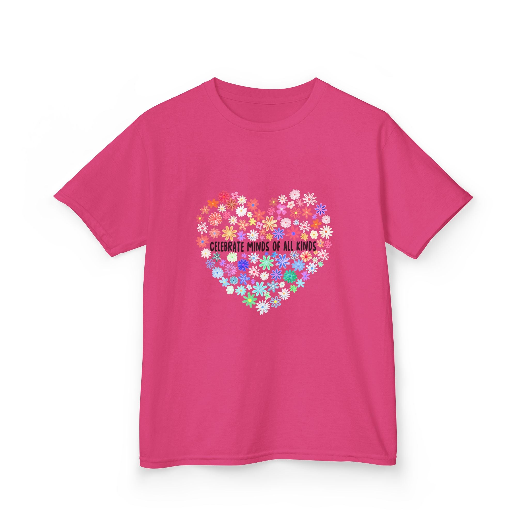 Kids T-Shirt — "Celebrate Minds of All Kinds" Rainbow Flower Heart