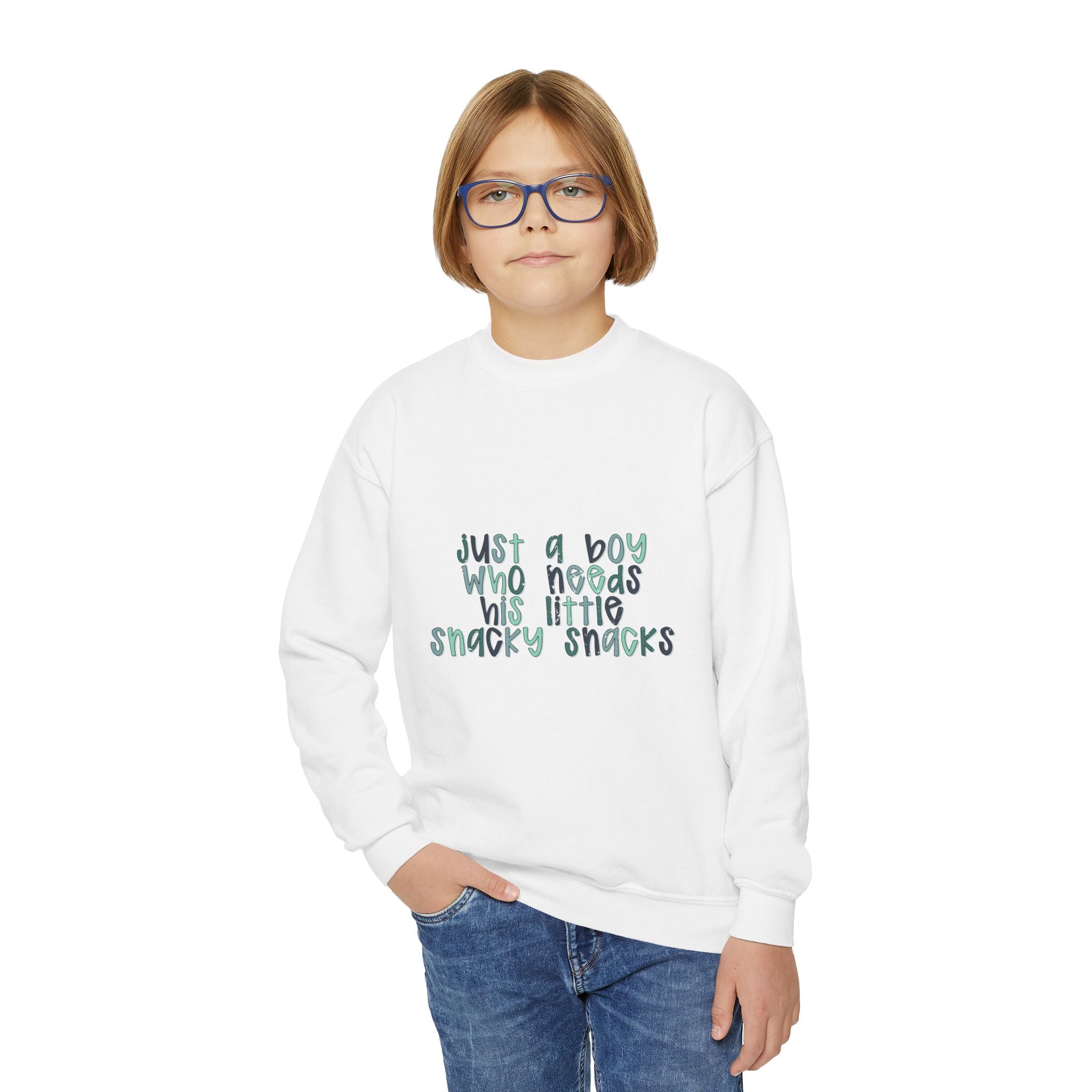 Youth Sweatshirt — "Just a Boy Who Needs His Little Snacky Snacks" Graphic