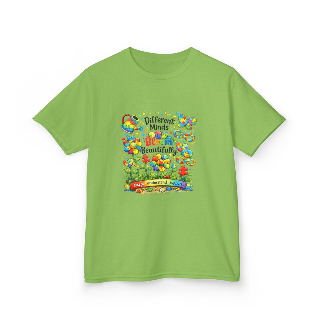 Kids Tee — "Different Minds Bloom Beautifully" Rainbow Flower Autism Awareness Shirt