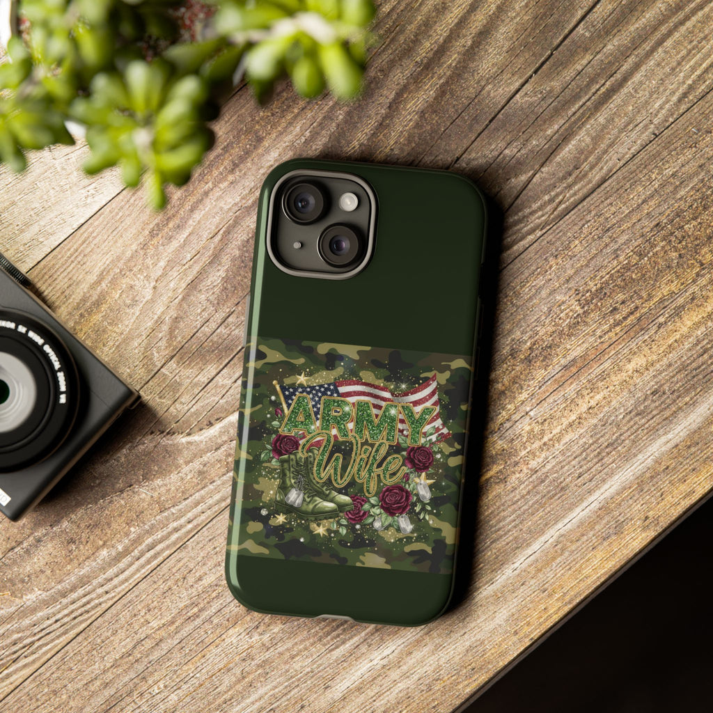Army Wife Tough Phone Case — Camo Flag Design with Roses