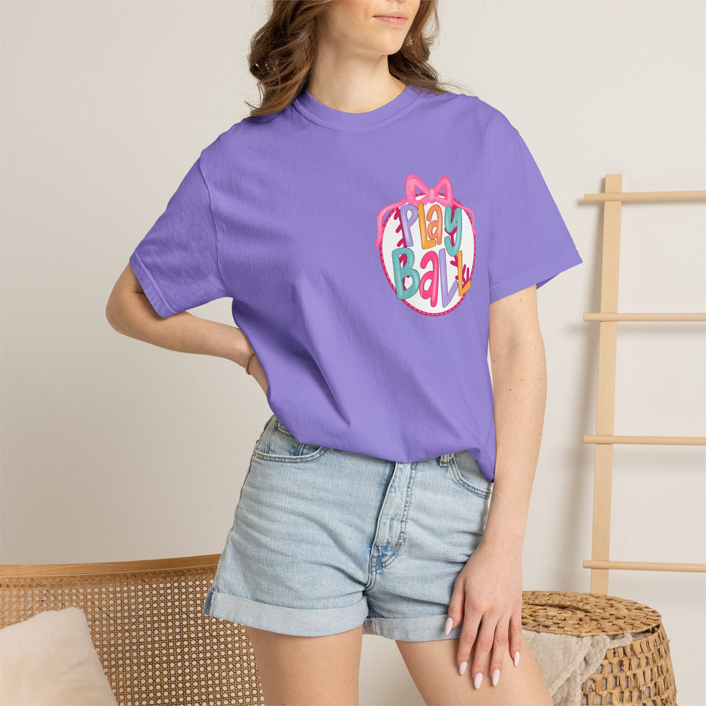 Softball Tee — "Play Ball" Front & "Pitch, Batter, Batter, Swing" Heart Back