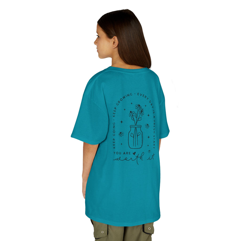 Kids Tee — “You Are Worth It” Minimal Floral Comfort Shirt