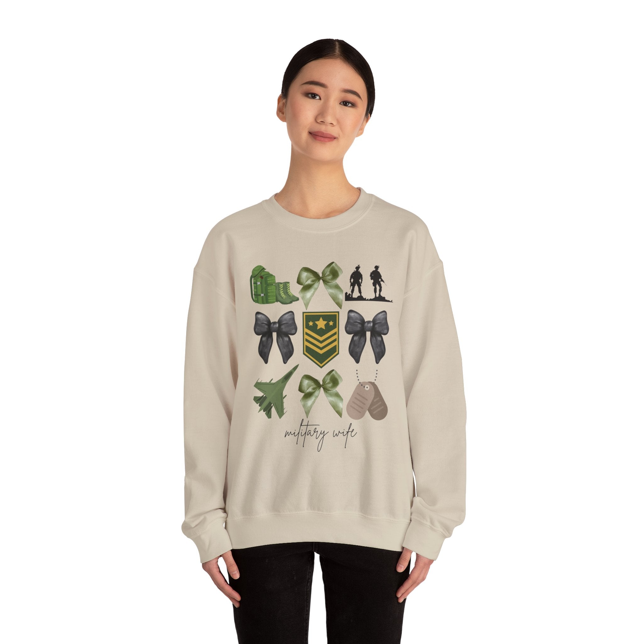 Military Wife Crewneck Sweatshirt – Olive Green Ribbon & Rank Emblem