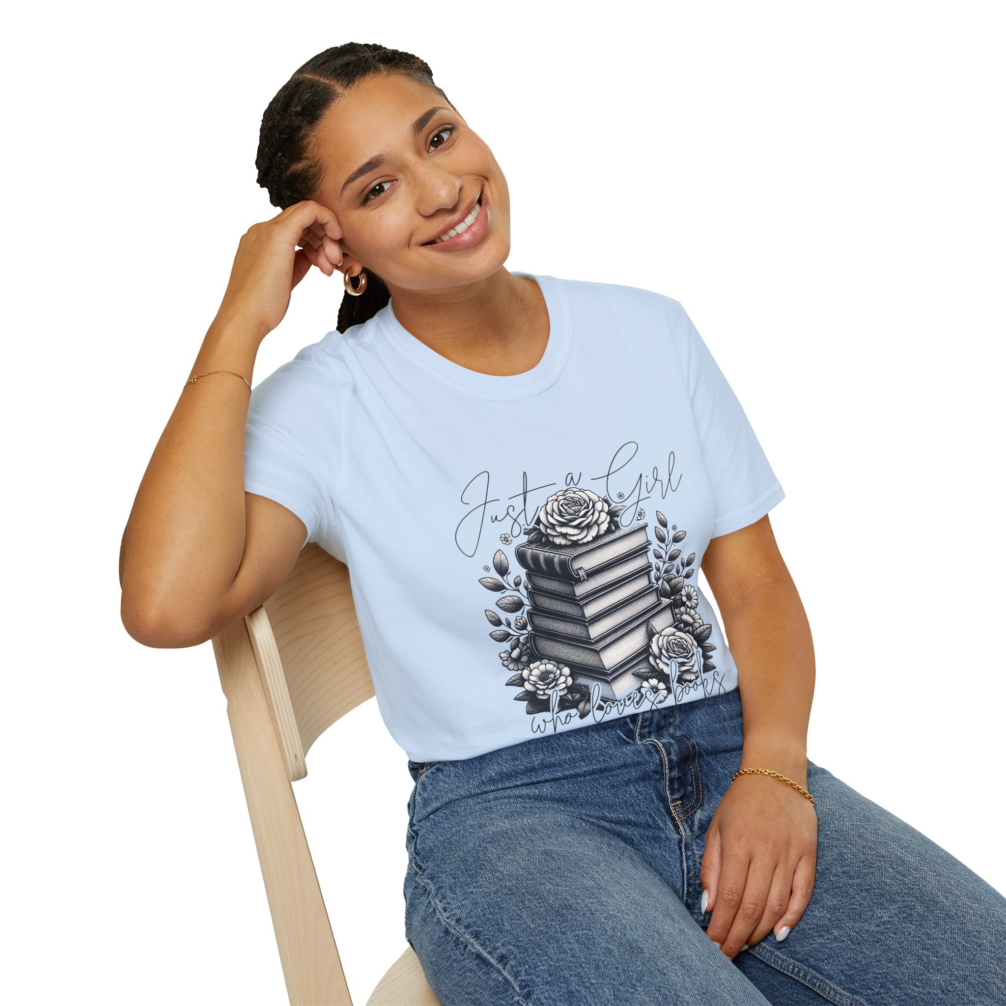 Book Lover T-Shirt — "Just a Girl Who Loves Books" Floral Stack Design