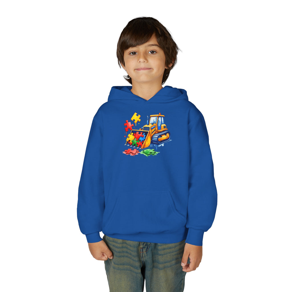 Youth Puzzle Bulldozer Hoodie — Kids Construction Truck Sweatshirt