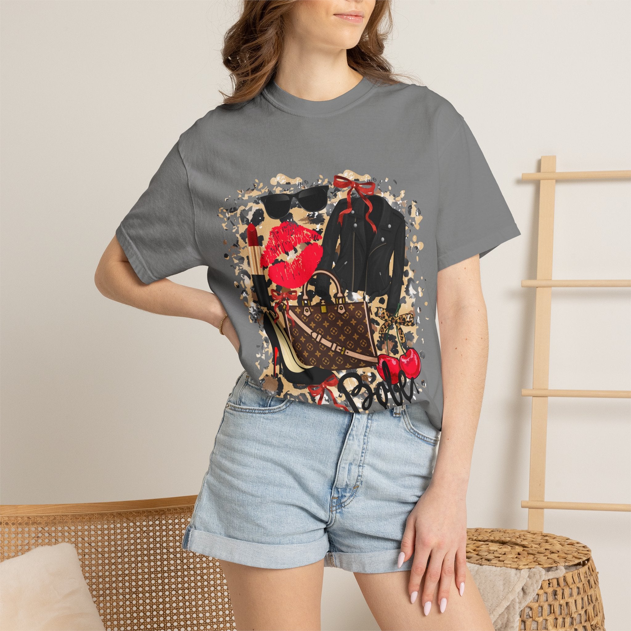 Graphic Fashion Tee — Luxury Handbag & Lips Collage