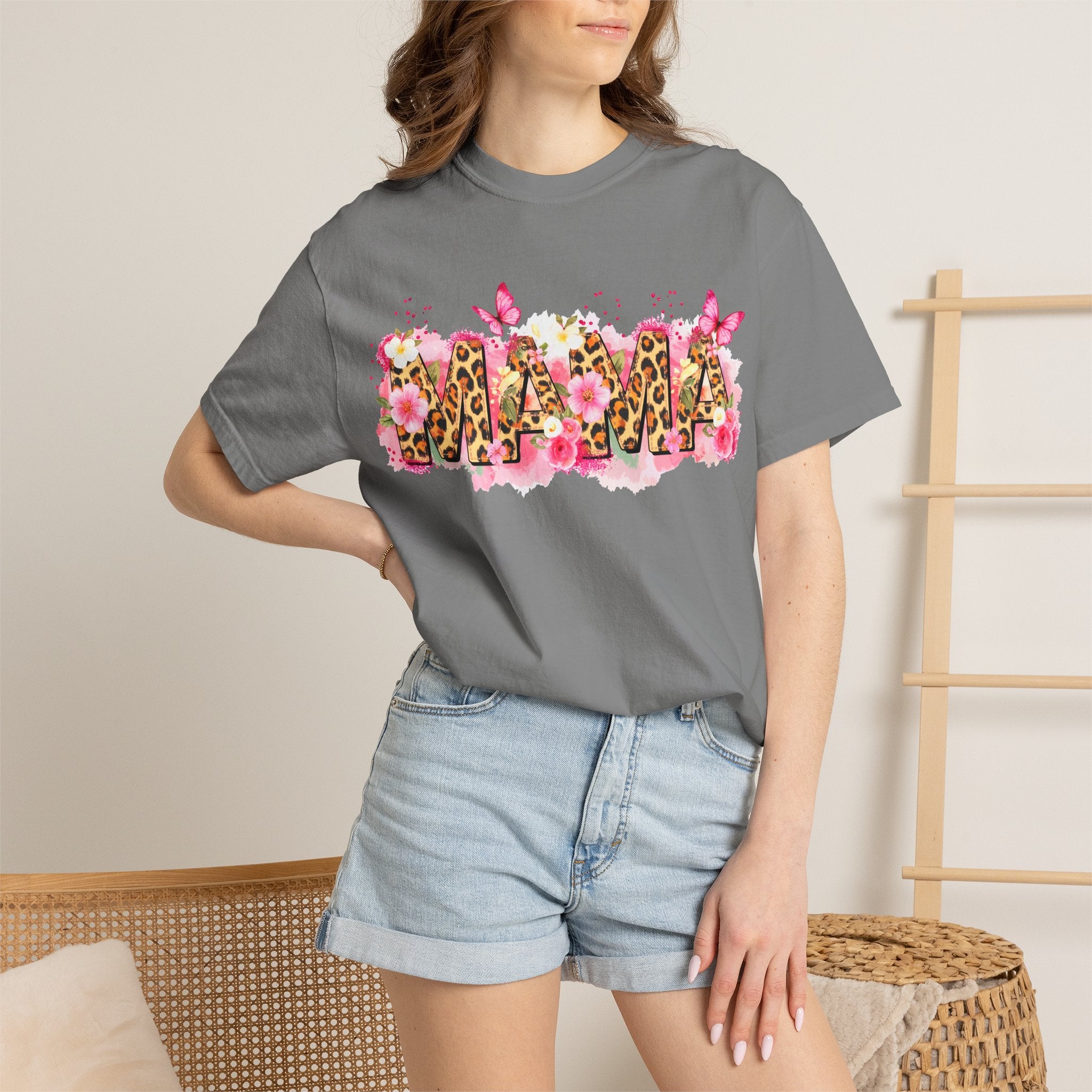 Mama Floral Leopard Graphic Tee — 'MAMA' Pink Butterfly Mother's Day T‑Shirt