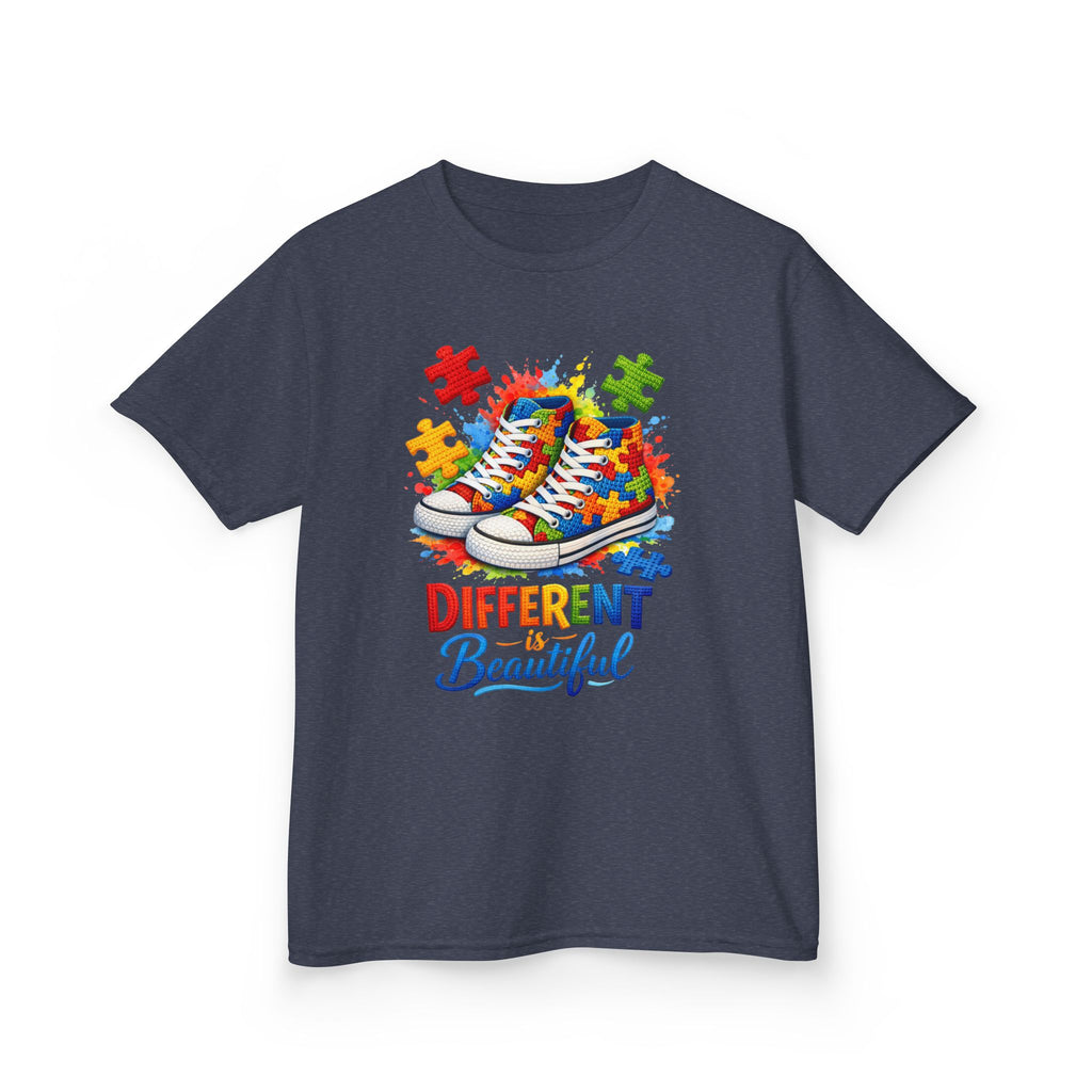 Kids T‑Shirt — 'Different Beautiful' Autism Awareness Sneakers Design