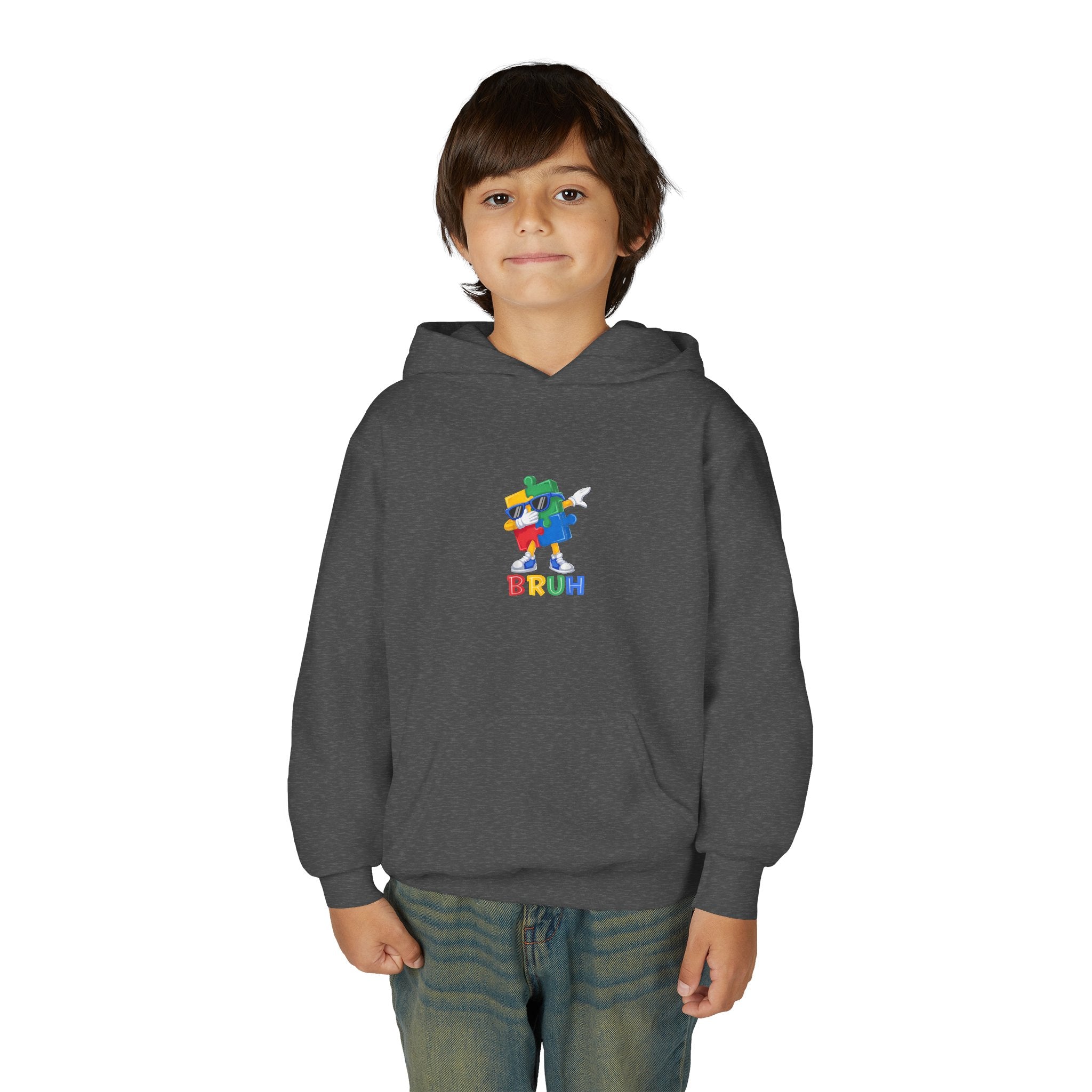 Youth Hoodie — Colorful Pixel Character 'BRUH' Graphic