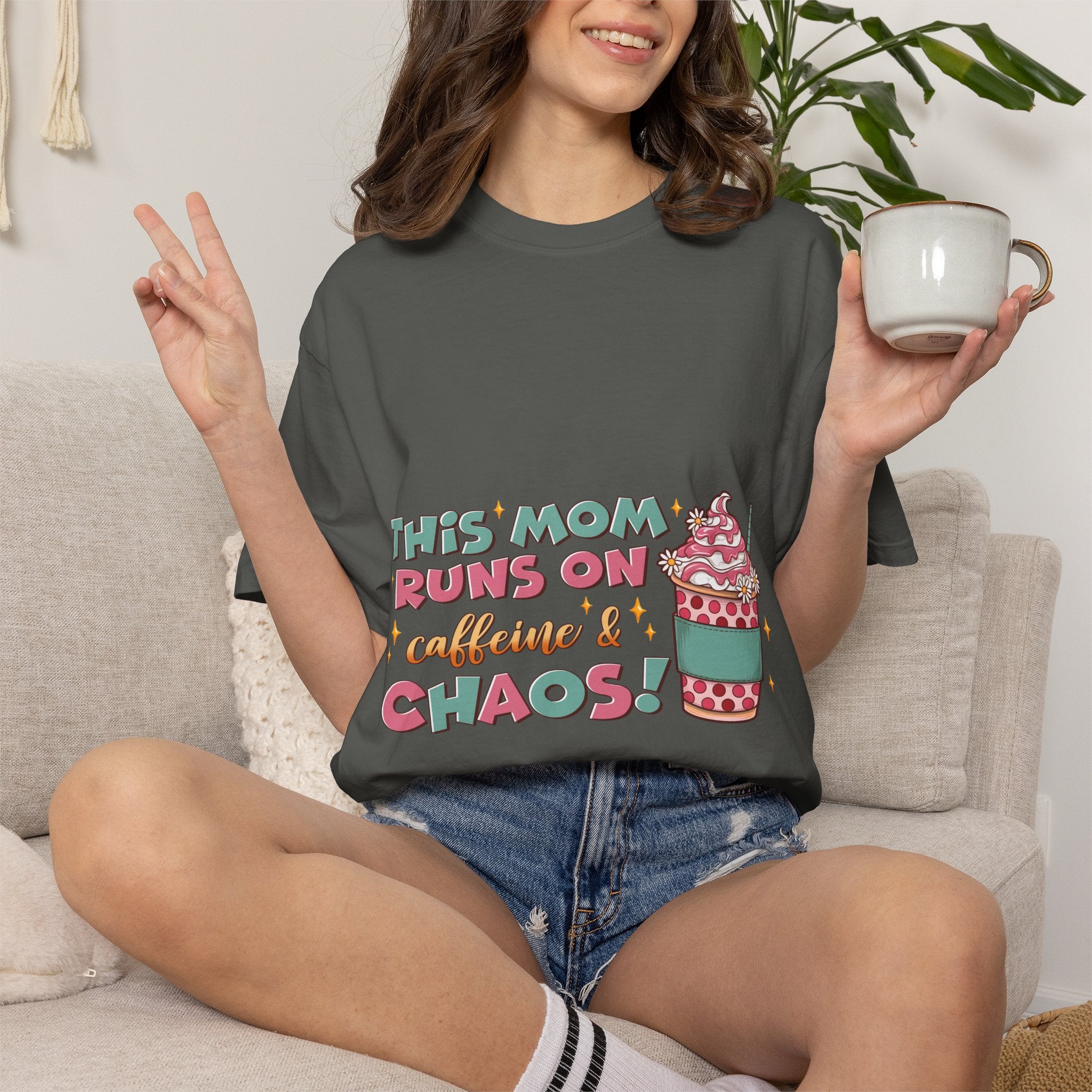 Mom Coffee T-Shirt — "This Mom Runs on Caffeine & Chaos" Cute Graphic Tee