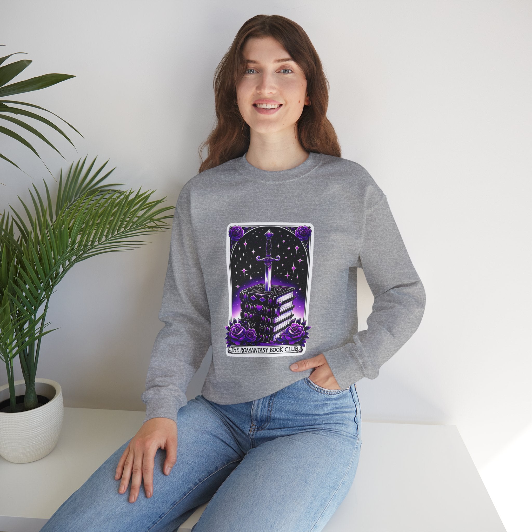Crewneck Sweatshirt — The Bookish Witch: 'The Enchanted Book Club' Purple Sword & Books Graphic