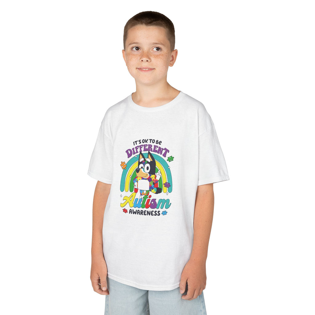 Kids Tee — "It's OK to Be Different" Autism Awareness Rainbow Design