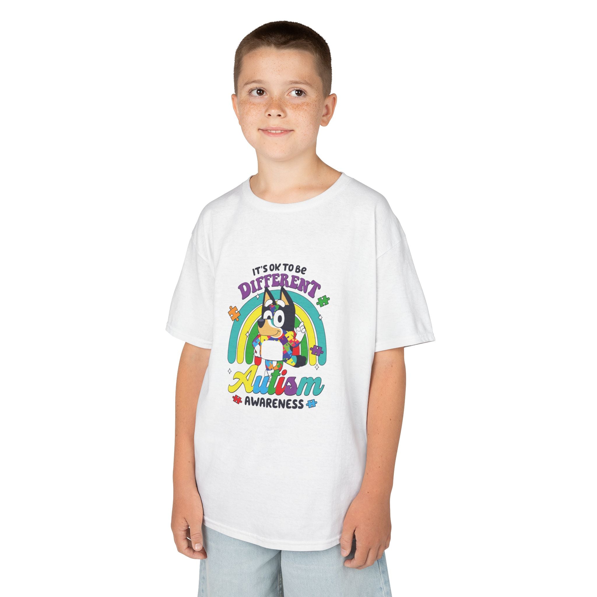 Kids Tee — "It's OK to Be Different" Autism Awareness Rainbow Design