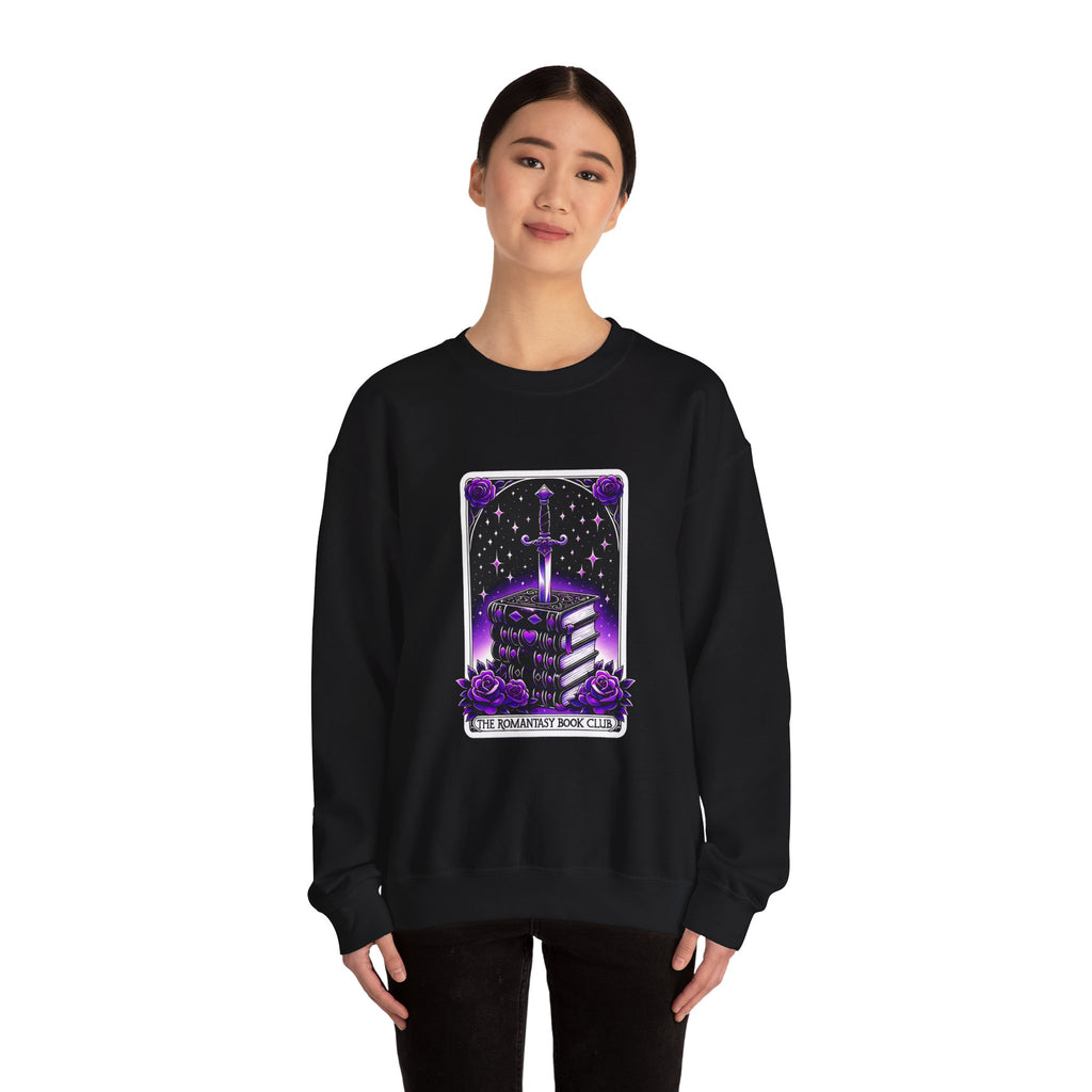 Crewneck Sweatshirt — The Bookish Witch: 'The Enchanted Book Club' Purple Sword & Books Graphic