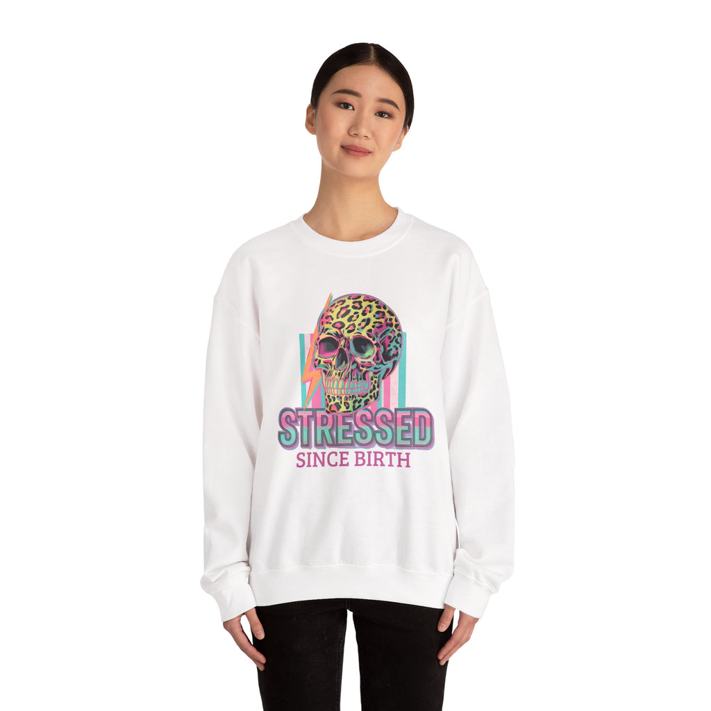 Stressed Since Birth Skull Crewneck Sweatshirt — Retro Neon Leopard Skull Pullover
