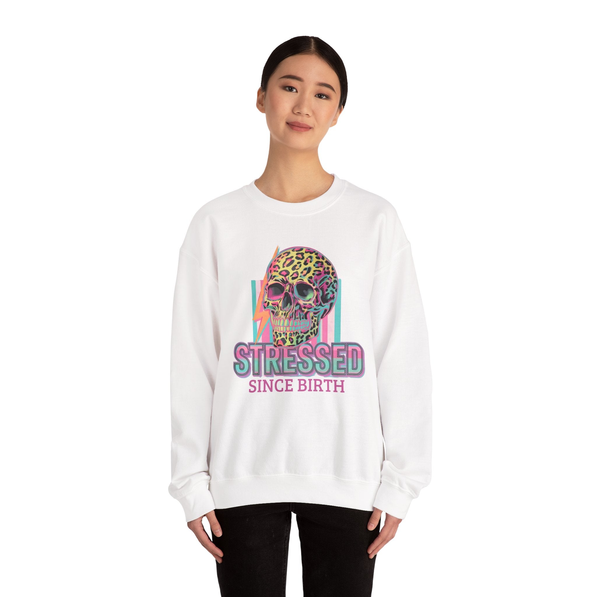 Stressed Since Birth Skull Crewneck Sweatshirt — Retro Neon Leopard Skull Pullover