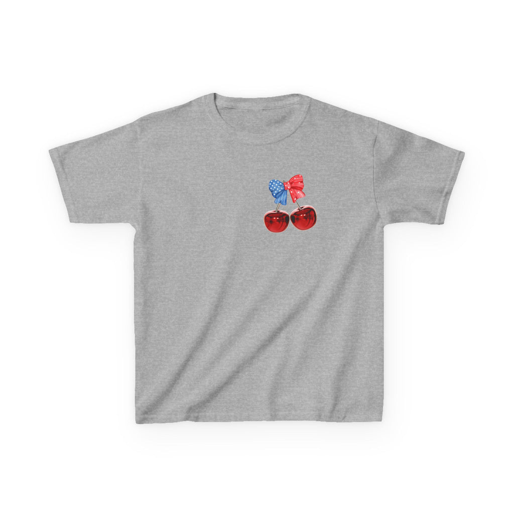 Kids Tee — Patriotic Cherry Graphic "All American Girl" — 4th of July Summer Shirt