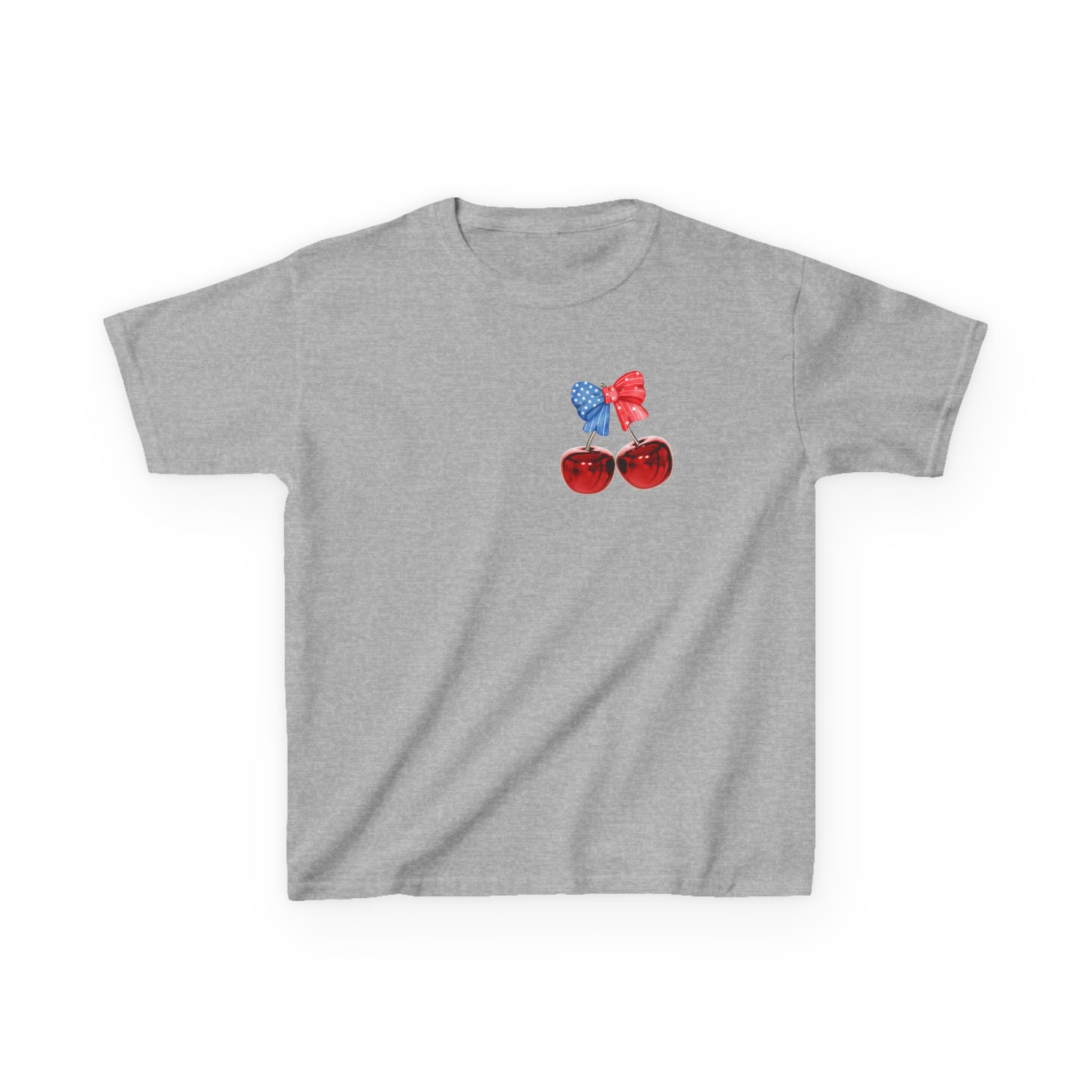 Kids Tee — Patriotic Cherry Graphic "All American Girl" — 4th of July Summer Shirt