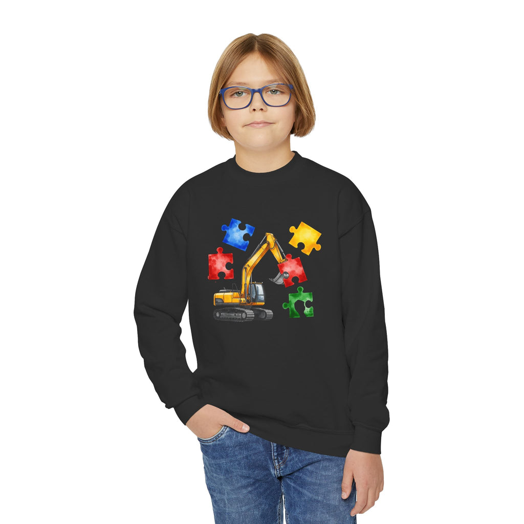 Kids Excavator Puzzle Crewneck Sweatshirt — Construction Autism Awareness